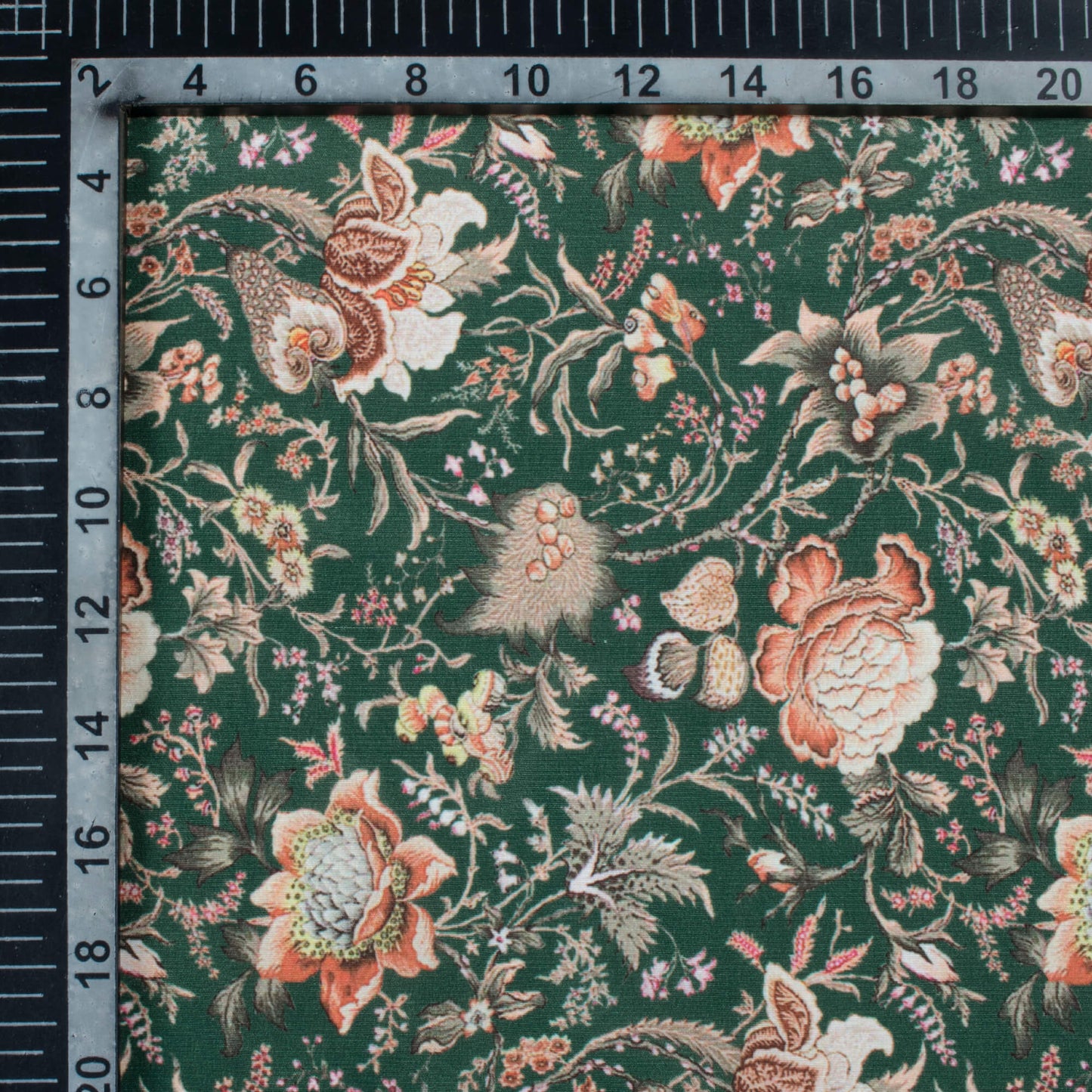 Forest Green And Peach Floral Pattern Digital Print Crepe Silk Fabric