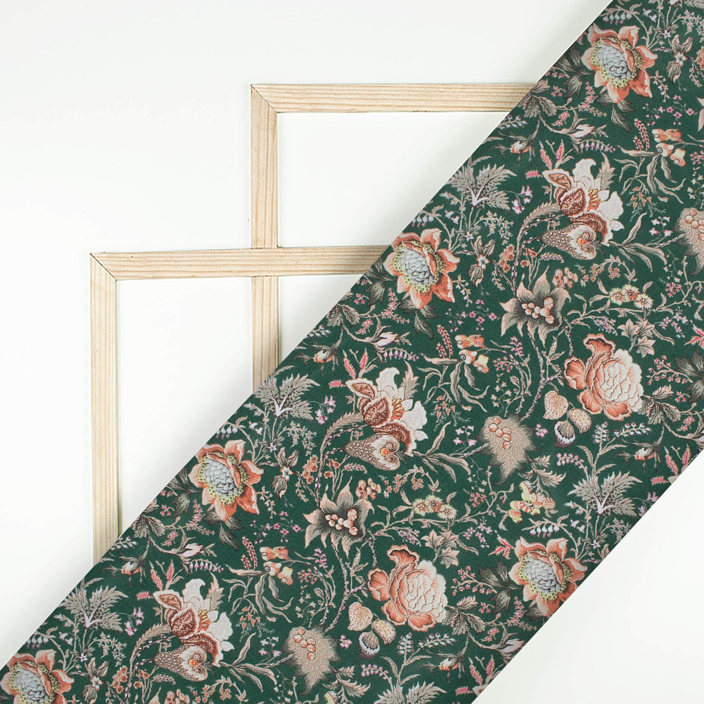 Forest Green And Peach Floral Pattern Digital Print Crepe Silk Fabric