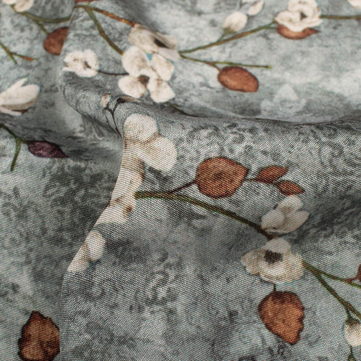 Slate Grey And Brown Floral Pattern Digital Print Crepe Silk Fabric