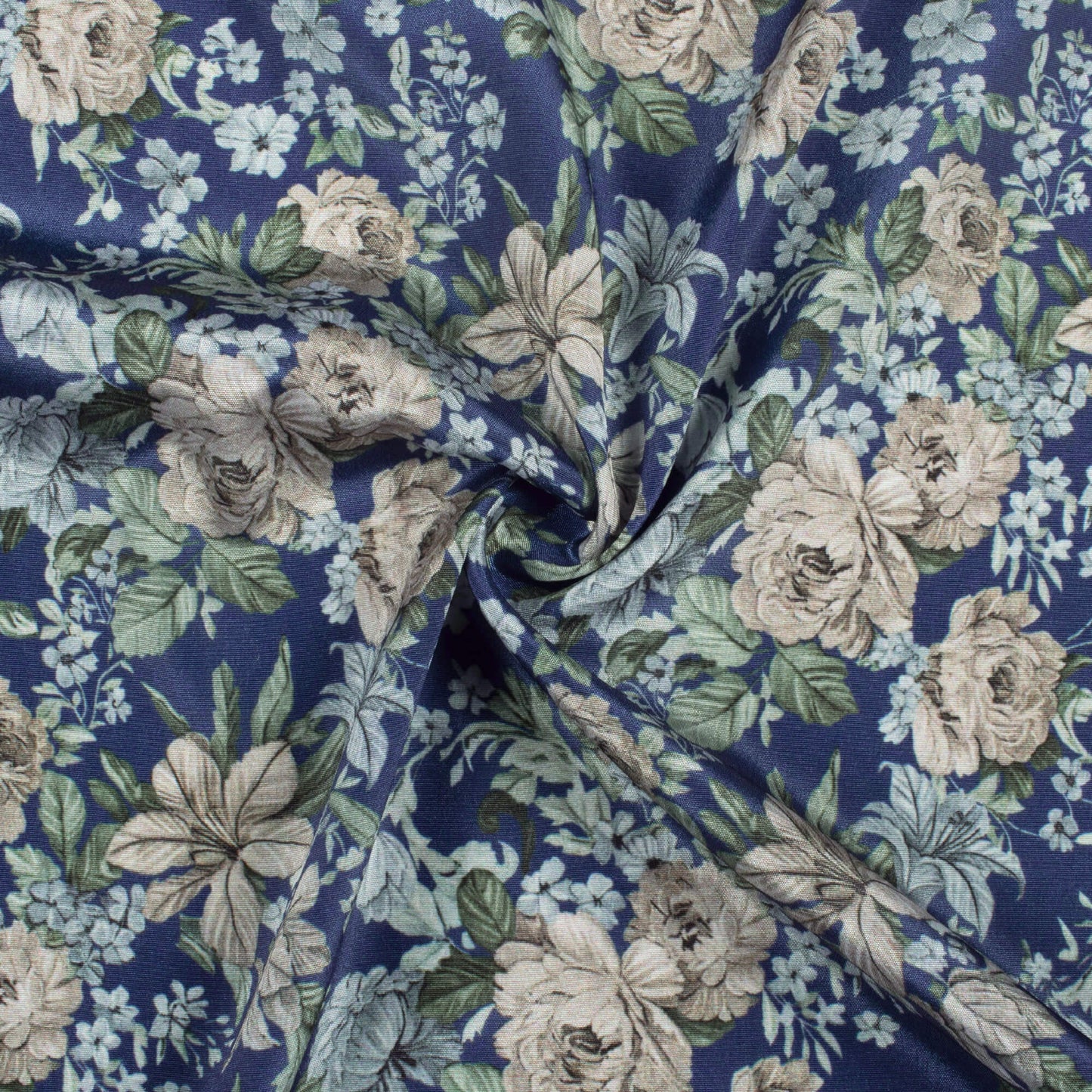 Navy Blue And Fawn Beige Floral Pattern Digital Print Crepe Silk Fabric