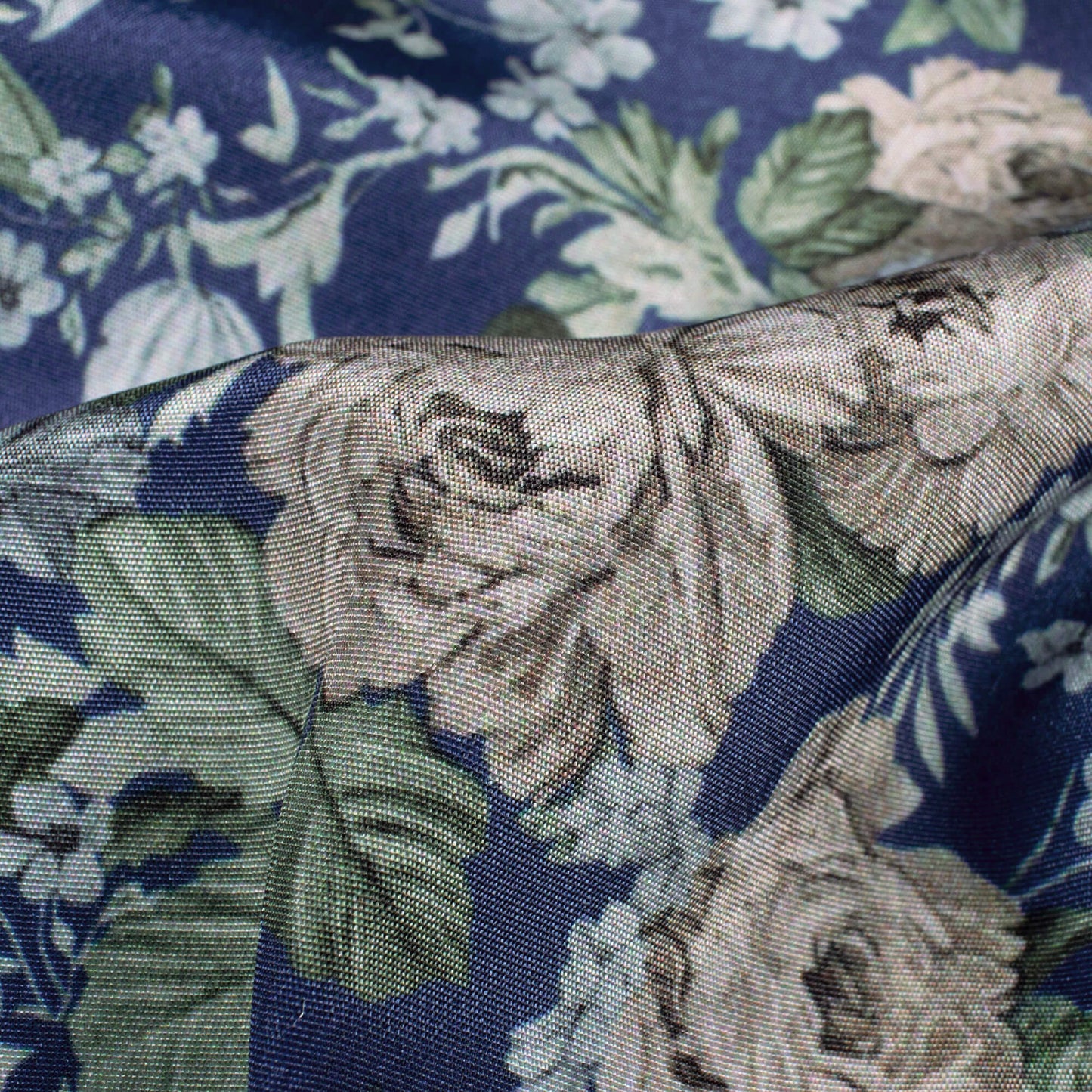 Navy Blue And Fawn Beige Floral Pattern Digital Print Crepe Silk Fabric