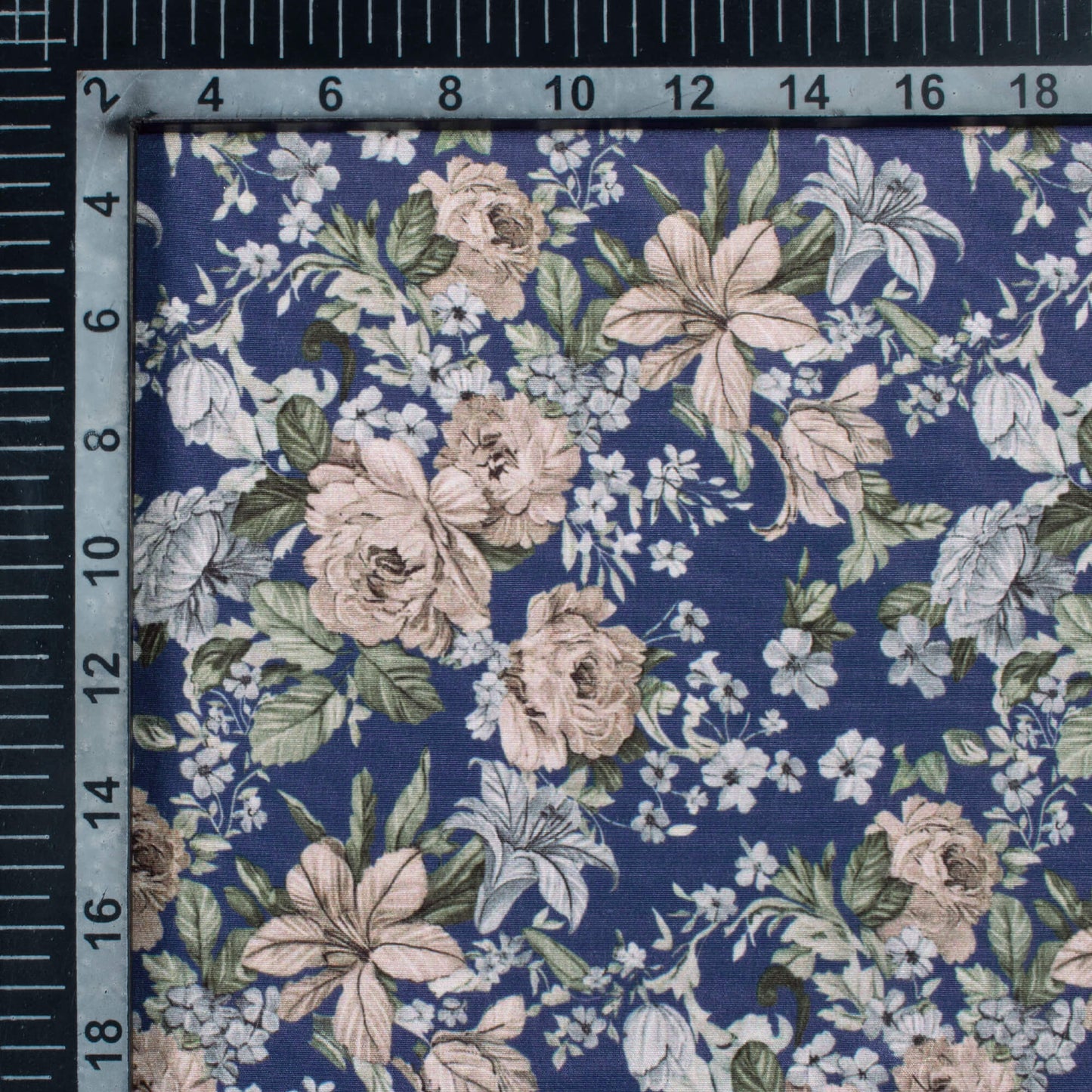 Navy Blue And Fawn Beige Floral Pattern Digital Print Crepe Silk Fabric