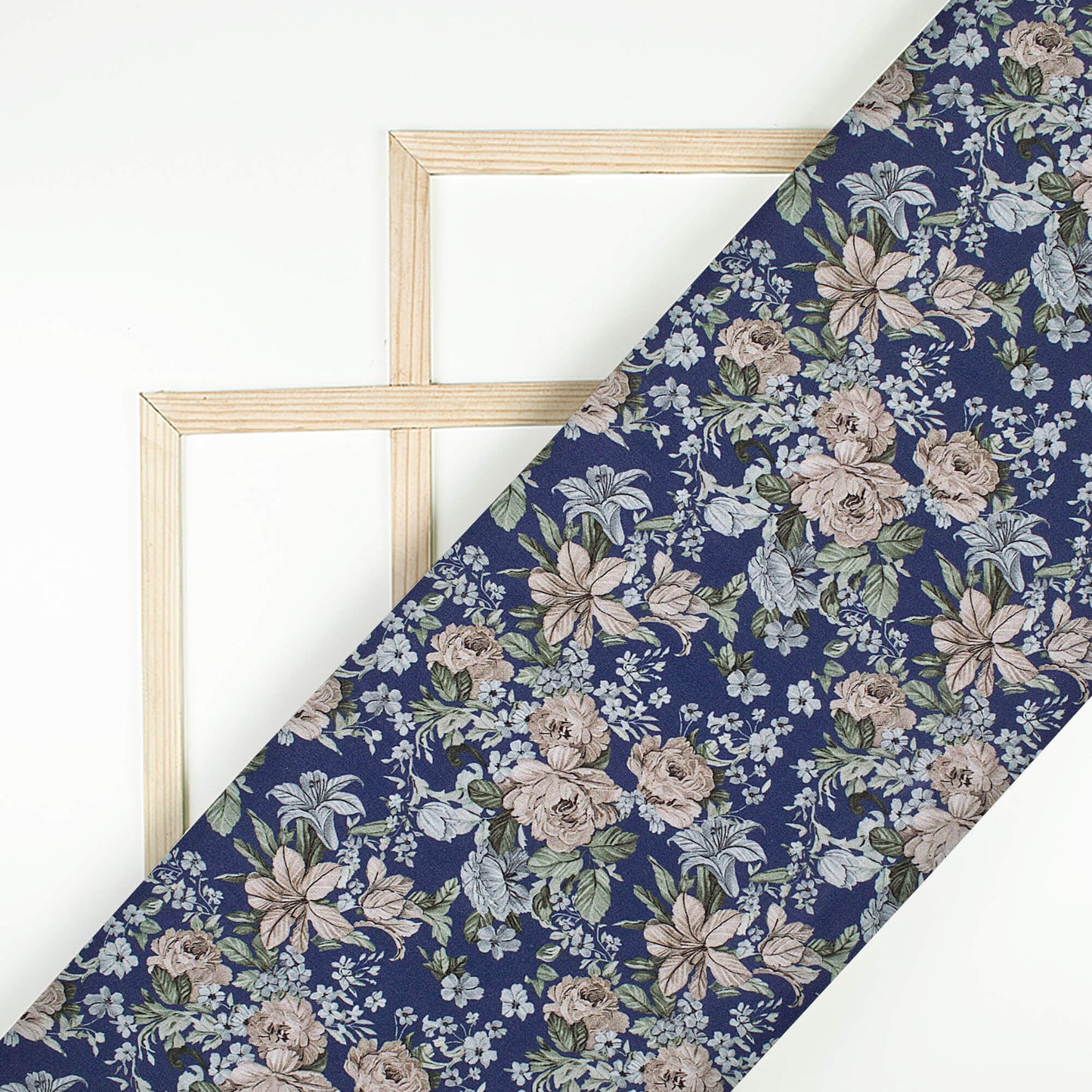 Navy Blue And Fawn Beige Floral Pattern Digital Print Crepe Silk Fabric
