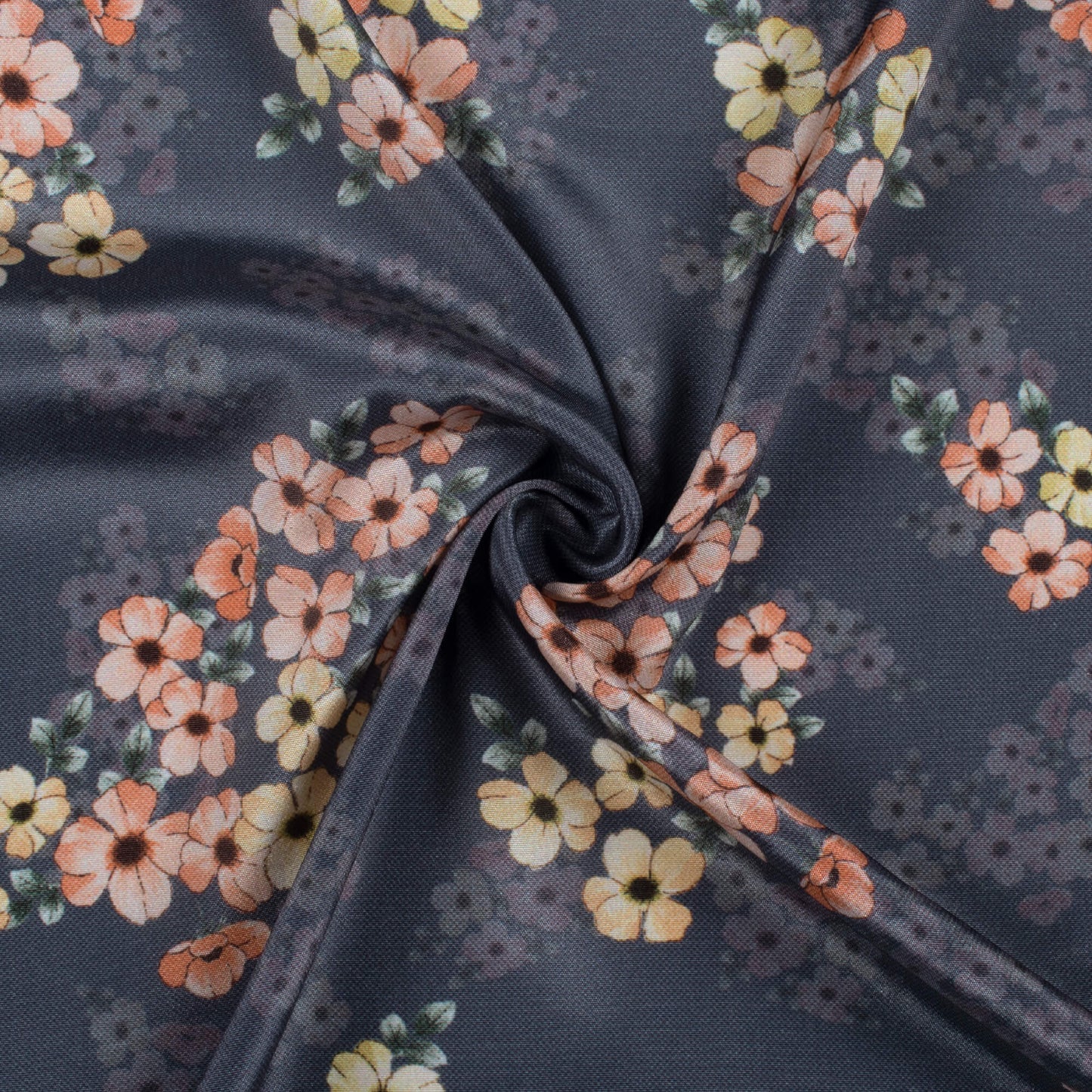 Dark Grey And Peach Floral Pattern Digital Print Crepe Silk Fabric