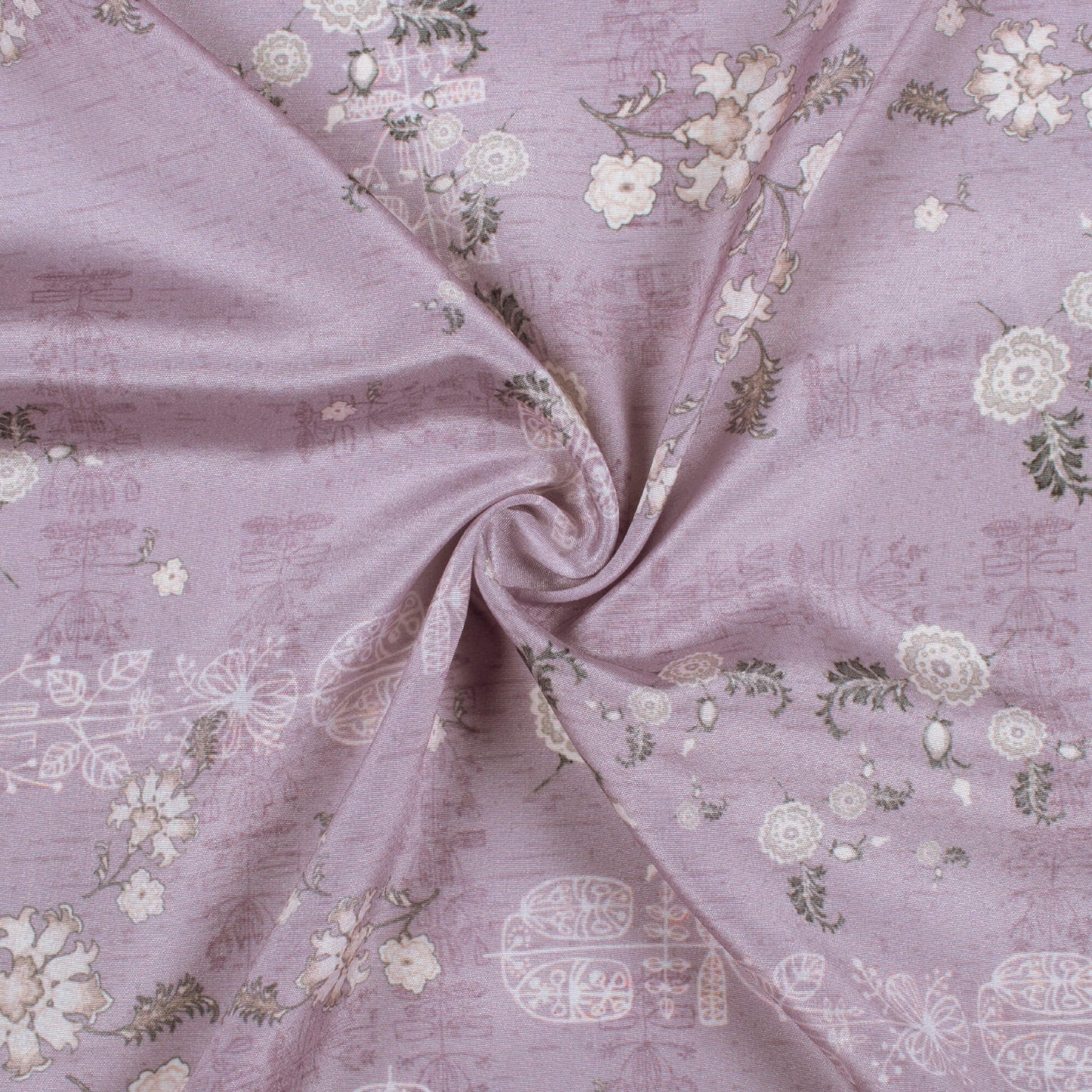 Heather Purple And Cream Floral Pattern Digital Print Crepe Silk Fabric