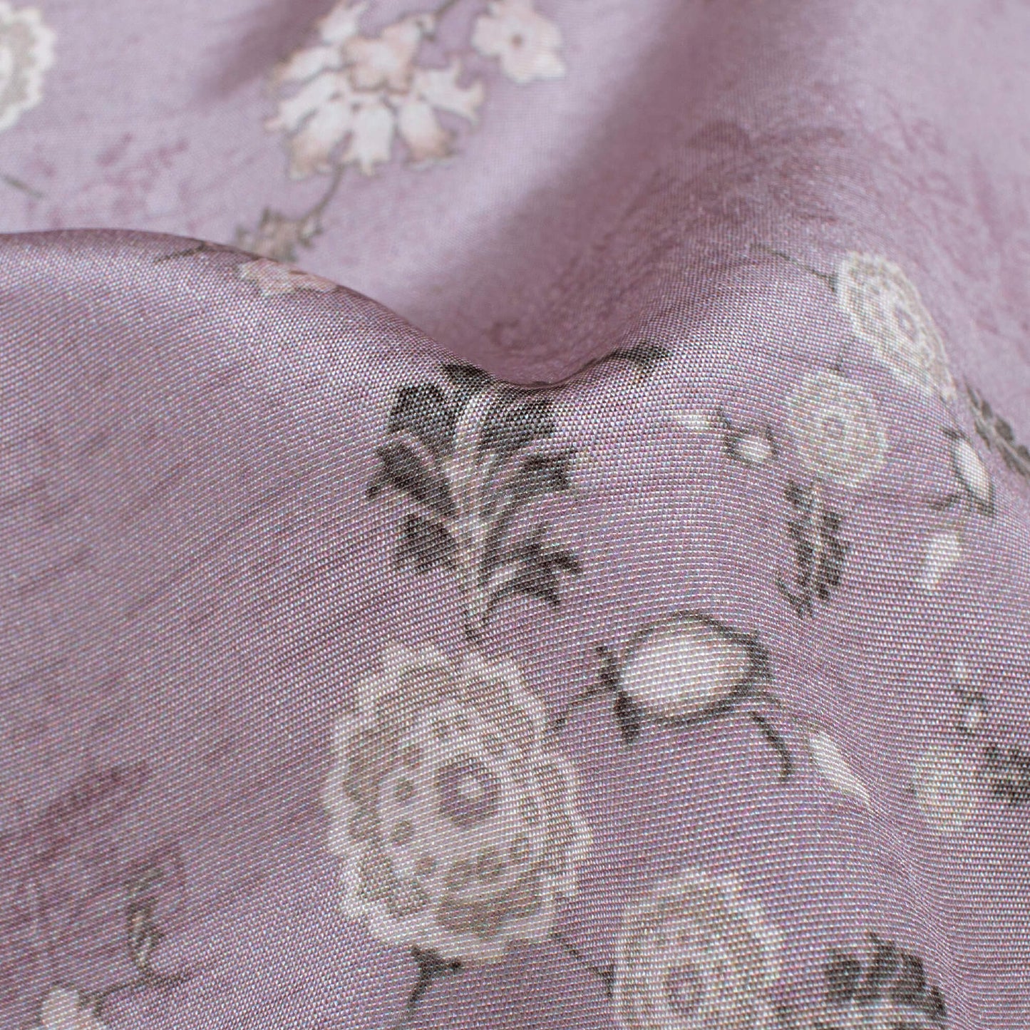 Heather Purple And Cream Floral Pattern Digital Print Crepe Silk Fabric