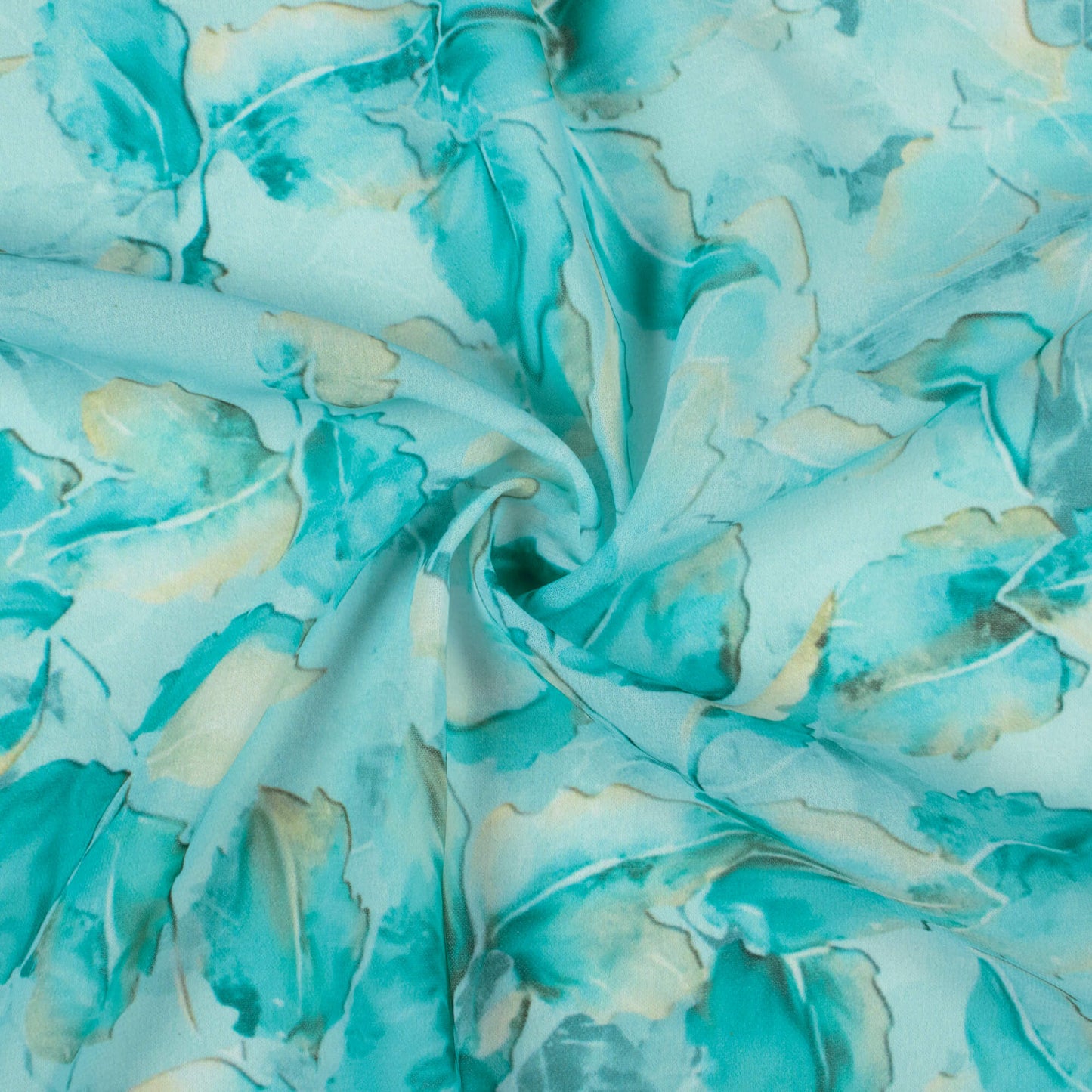 Light Sea Green And Blue Leaf Pattern Digital Print Georgette Fabric