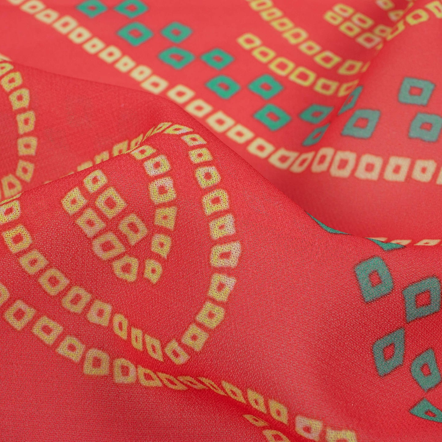 Persian Red And Yellow Bandhanii Pattern Digital Print Georgette Fabric