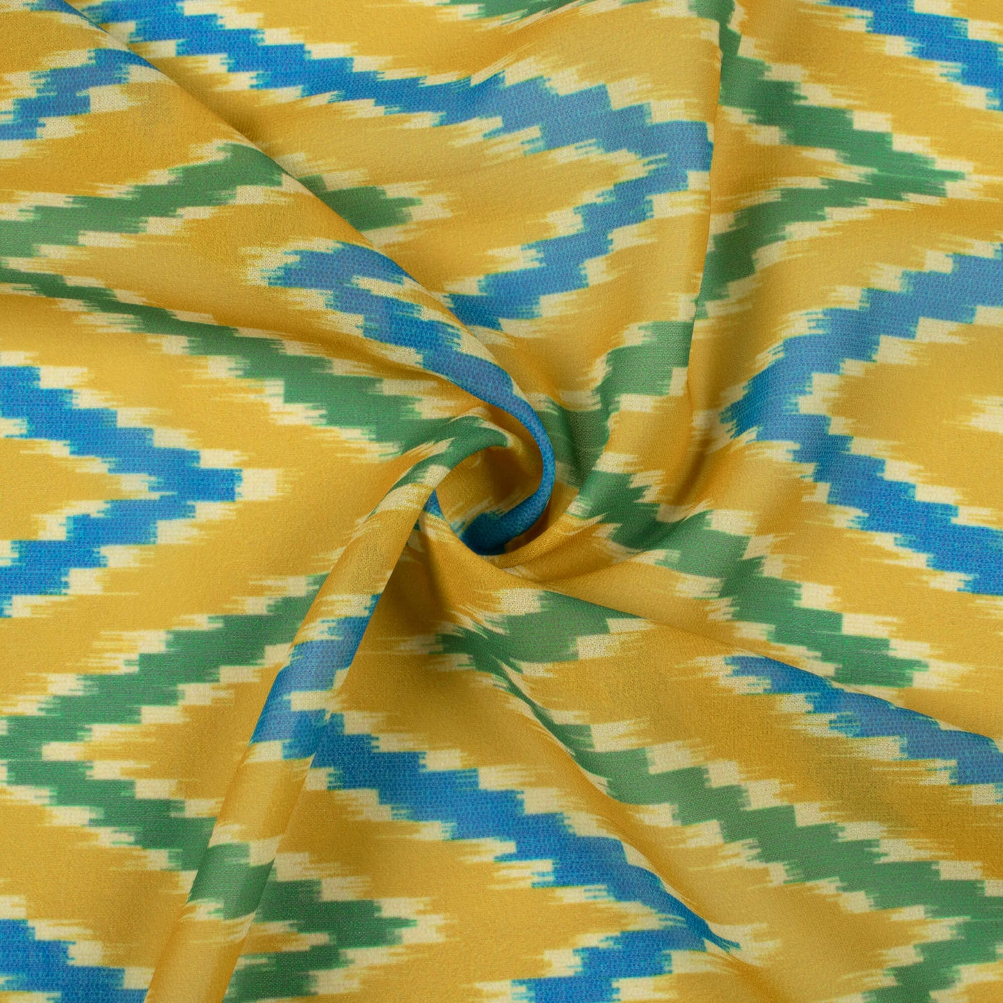Mustard Yellow And Blue Chevron Pattern Digital Print Georgette Fabric