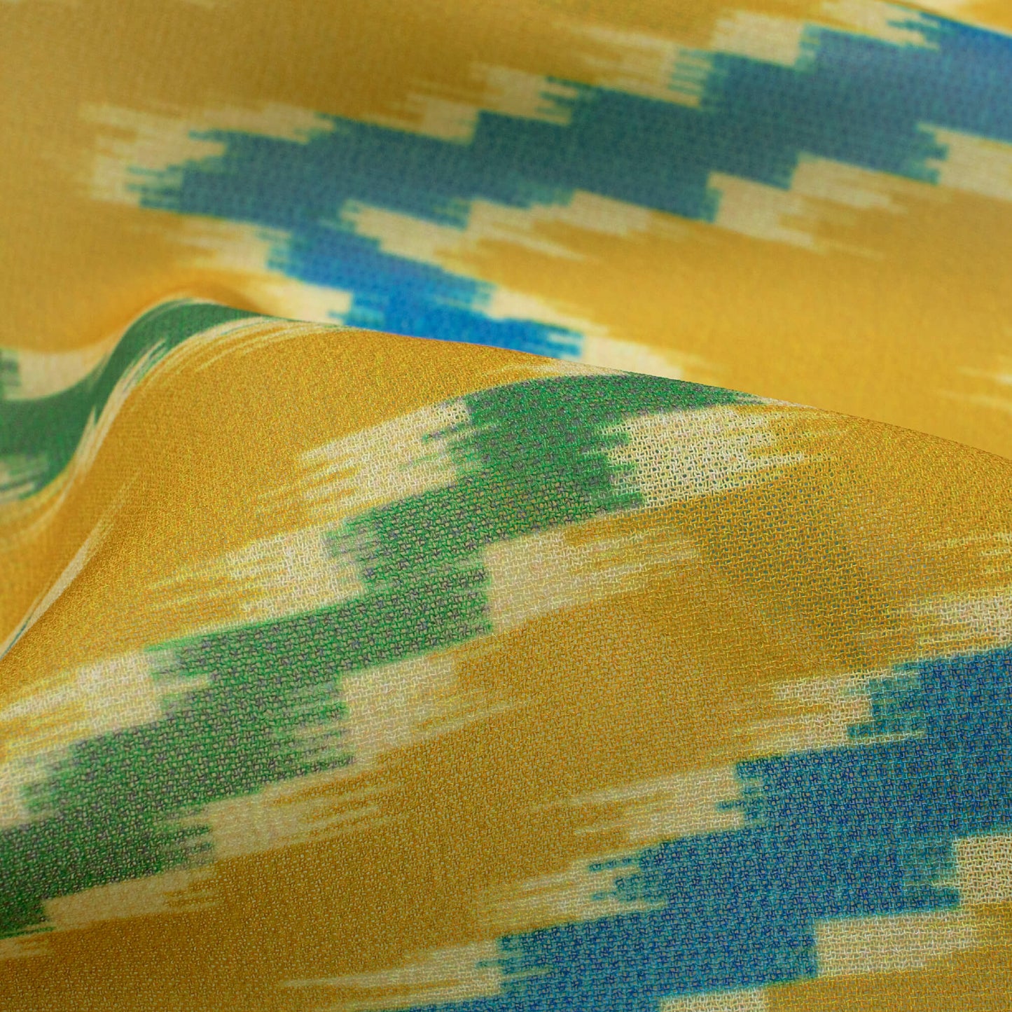 Mustard Yellow And Blue Chevron Pattern Digital Print Georgette Fabric