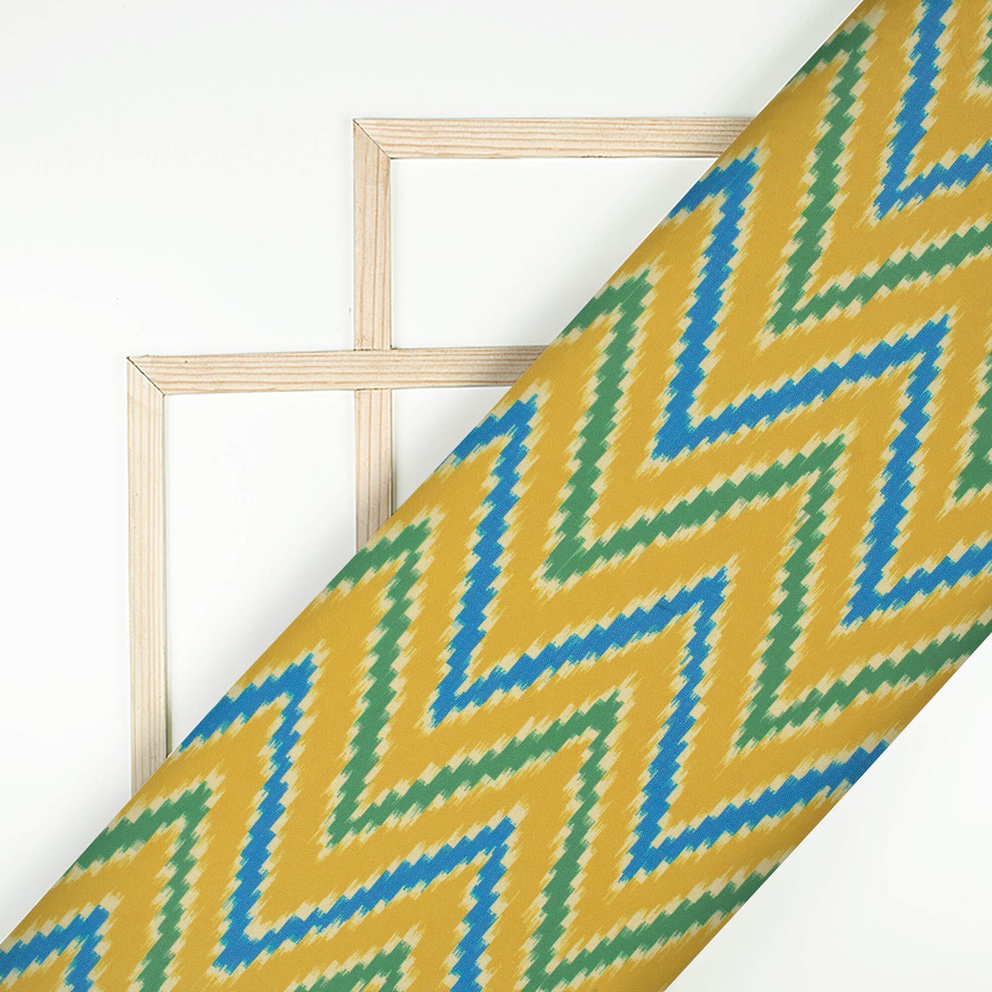Mustard Yellow And Blue Chevron Pattern Digital Print Georgette Fabric
