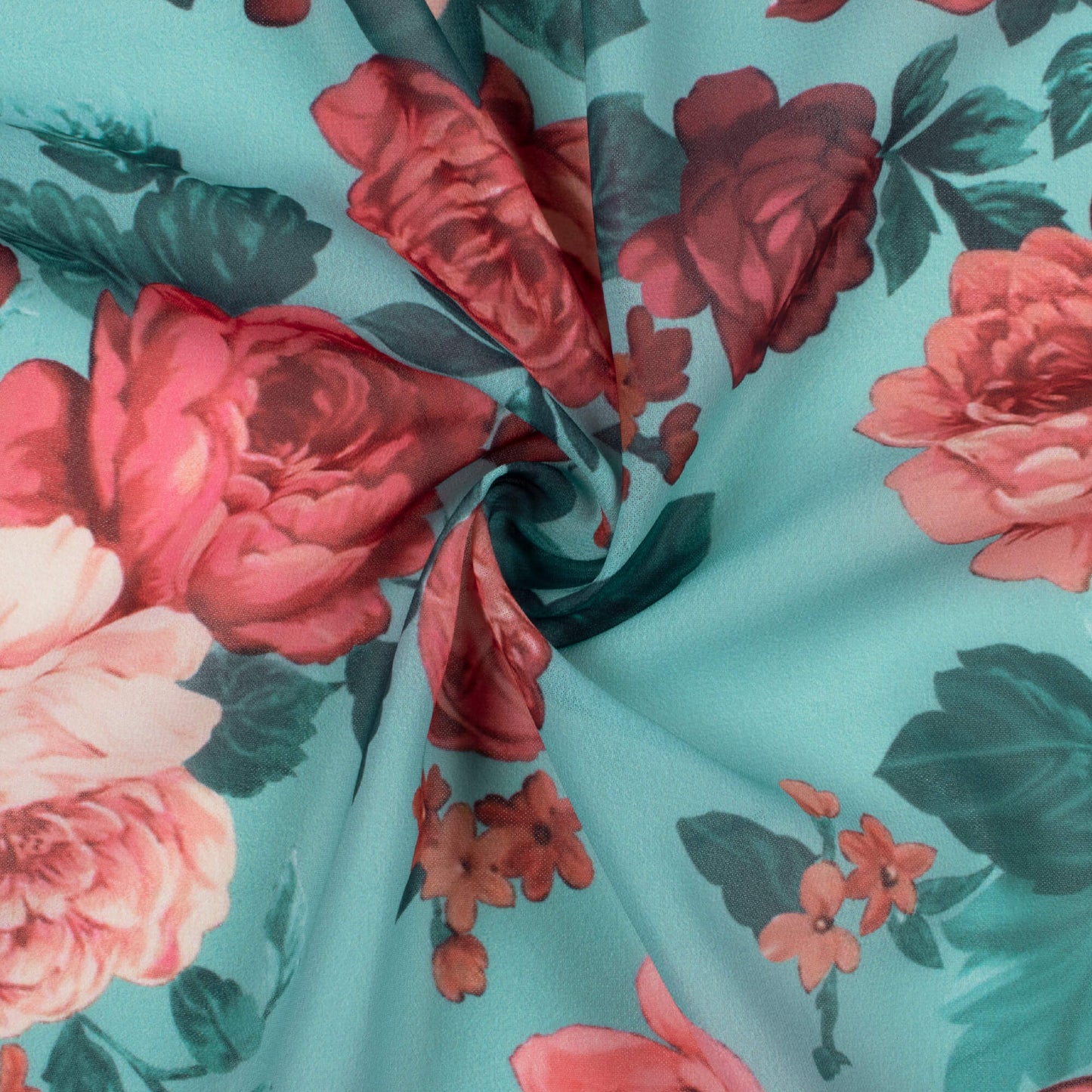 Tiffany Blue And Red Floral Pattern Digital Print Georgette Fabric