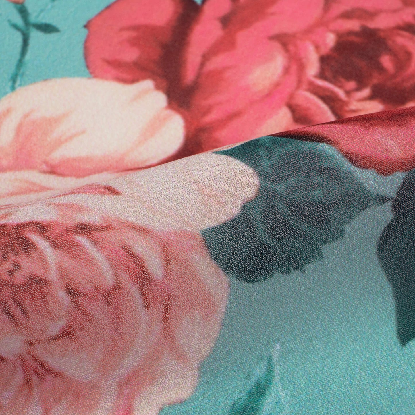 Tiffany Blue And Red Floral Pattern Digital Print Georgette Fabric