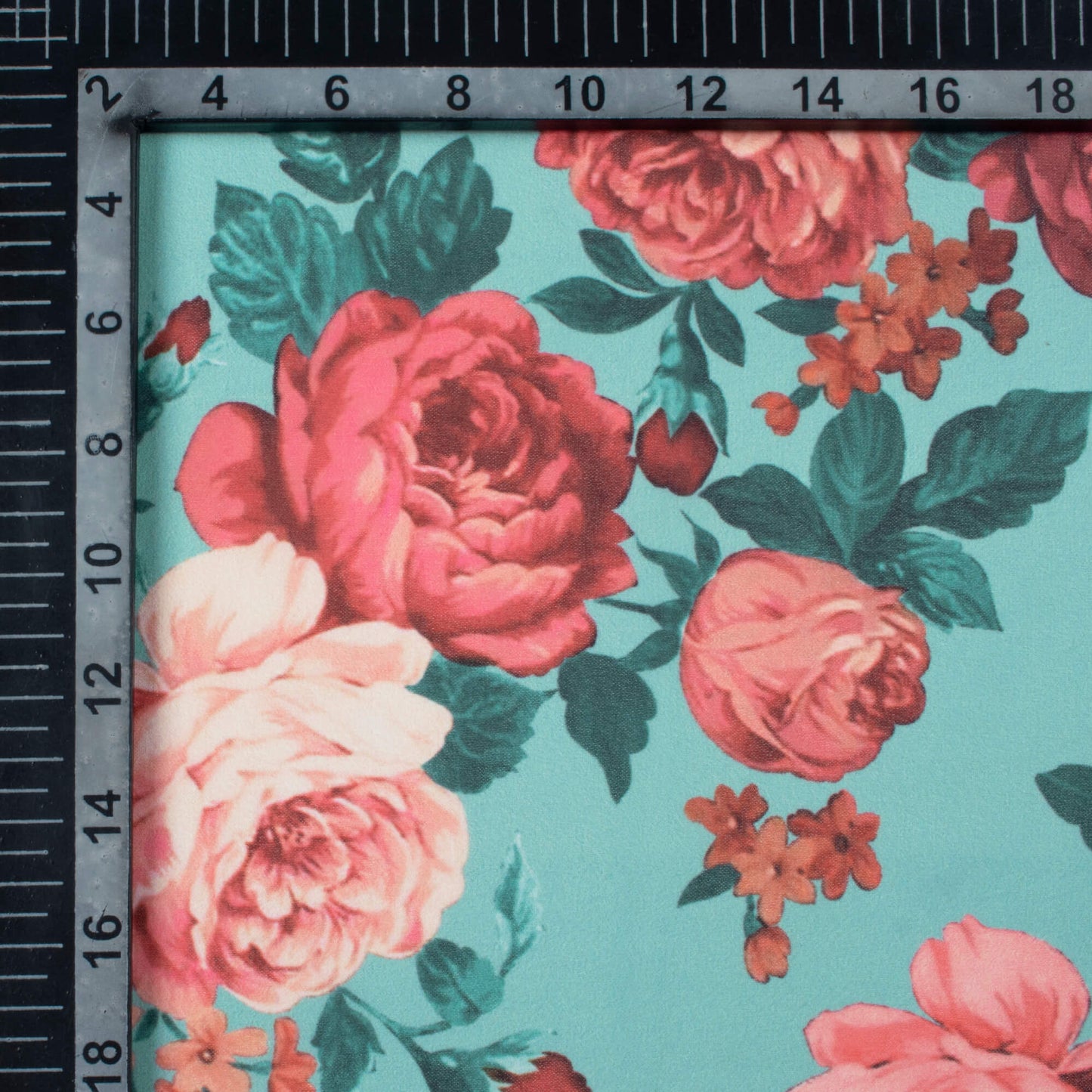 Tiffany Blue And Red Floral Pattern Digital Print Georgette Fabric