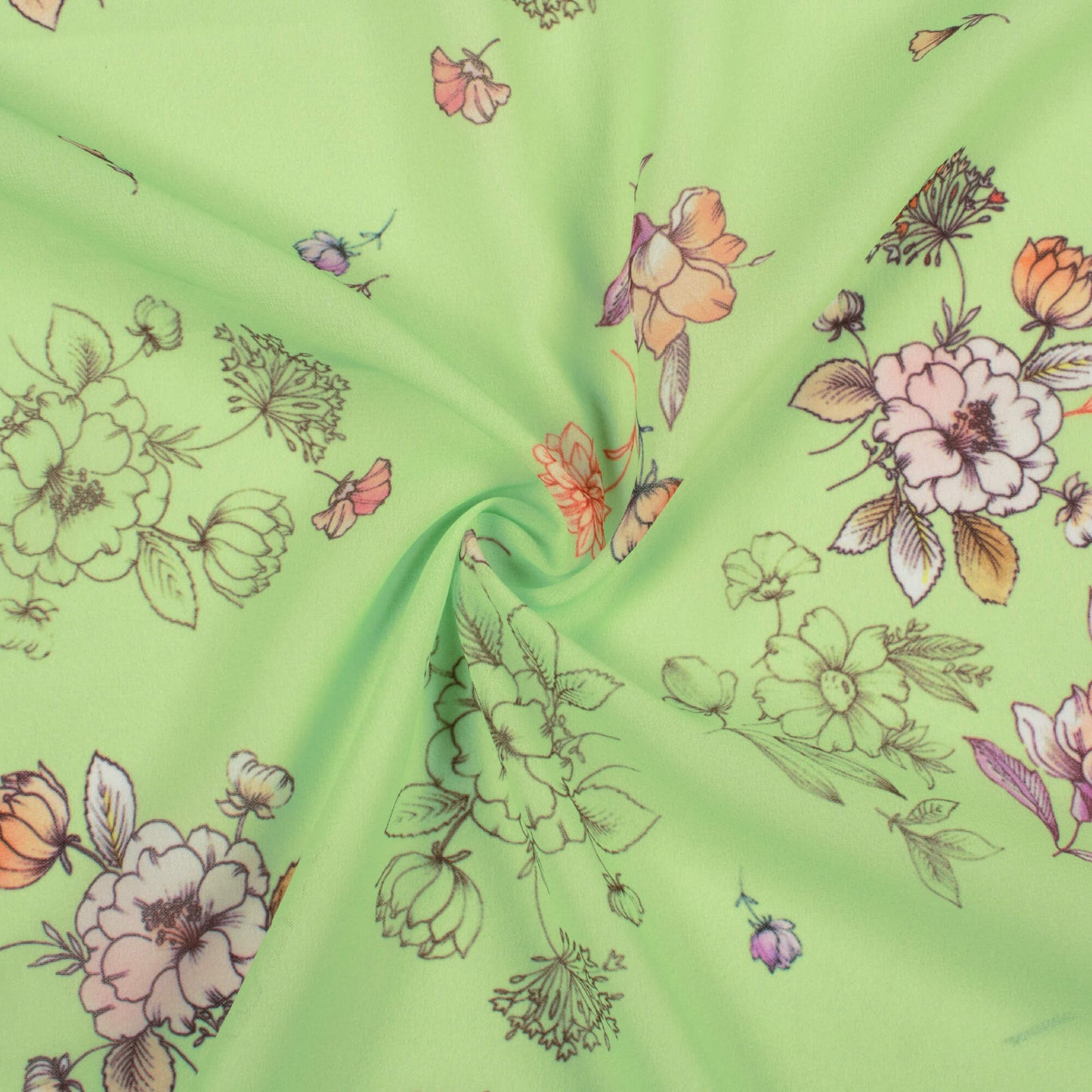 Tea Green And Pink Floral Pattern Digital Print Georgette Fabric