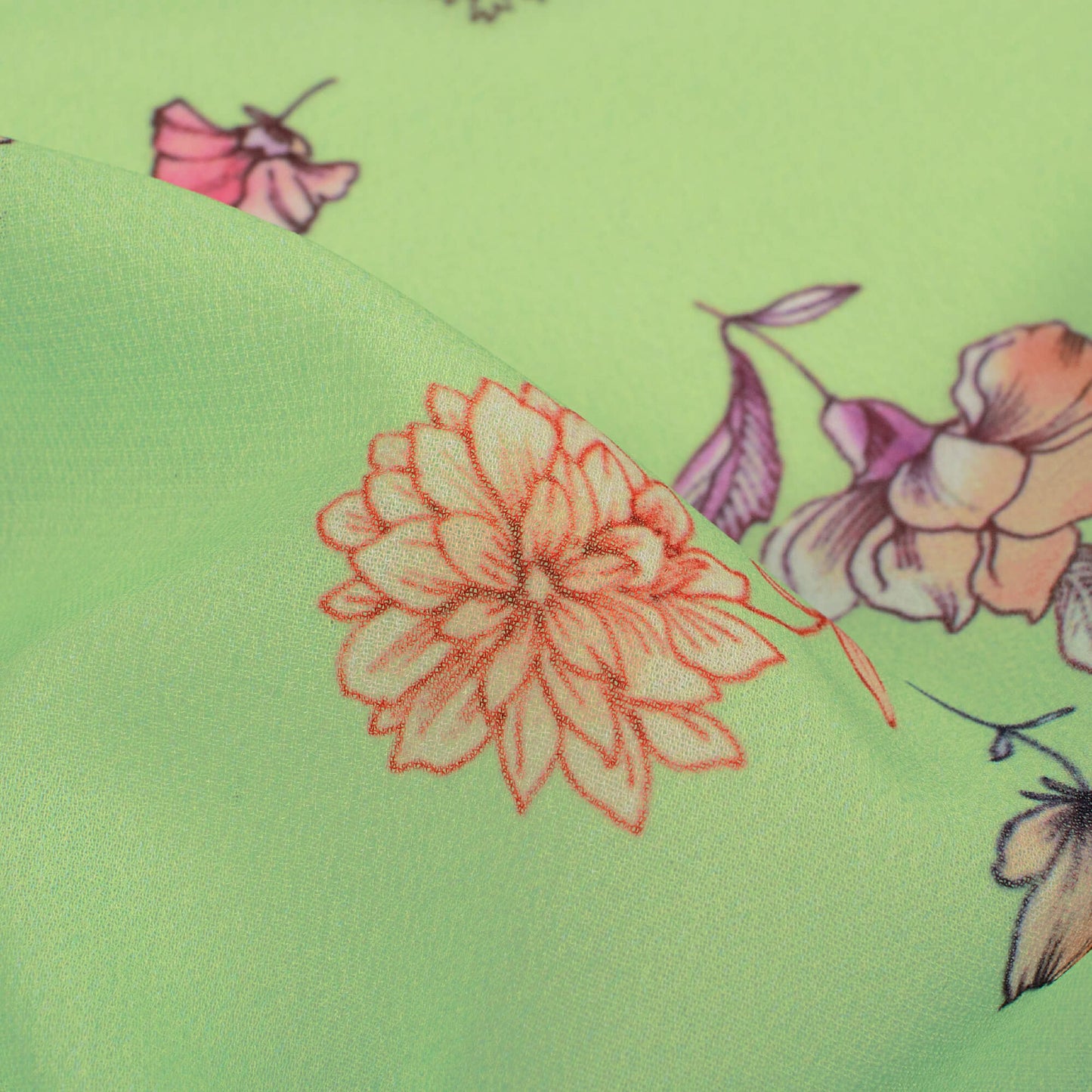 Tea Green And Pink Floral Pattern Digital Print Georgette Fabric