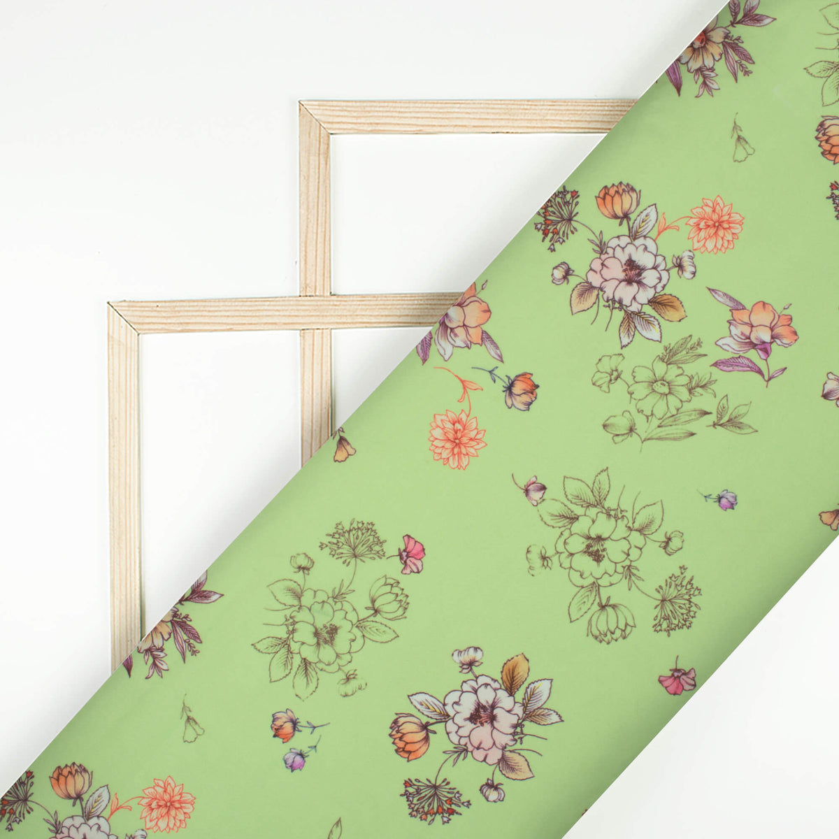 Tea Green And Pink Floral Pattern Digital Print Georgette Fabric