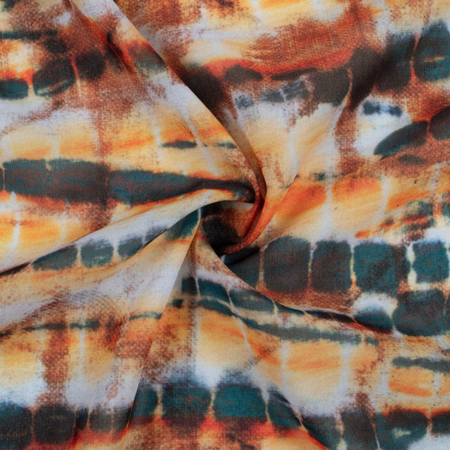 Dark Green And Orange Shibori Pattern Digital Print Georgette Fabric