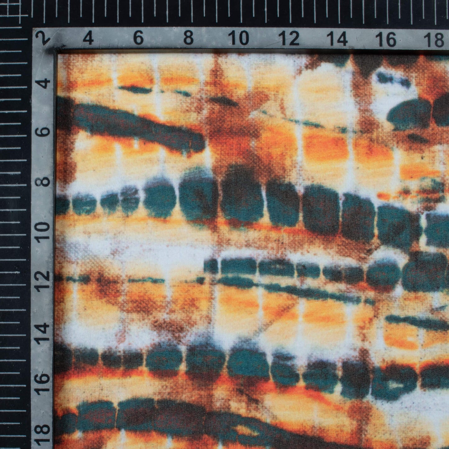 Dark Green And Orange Shibori Pattern Digital Print Georgette Fabric