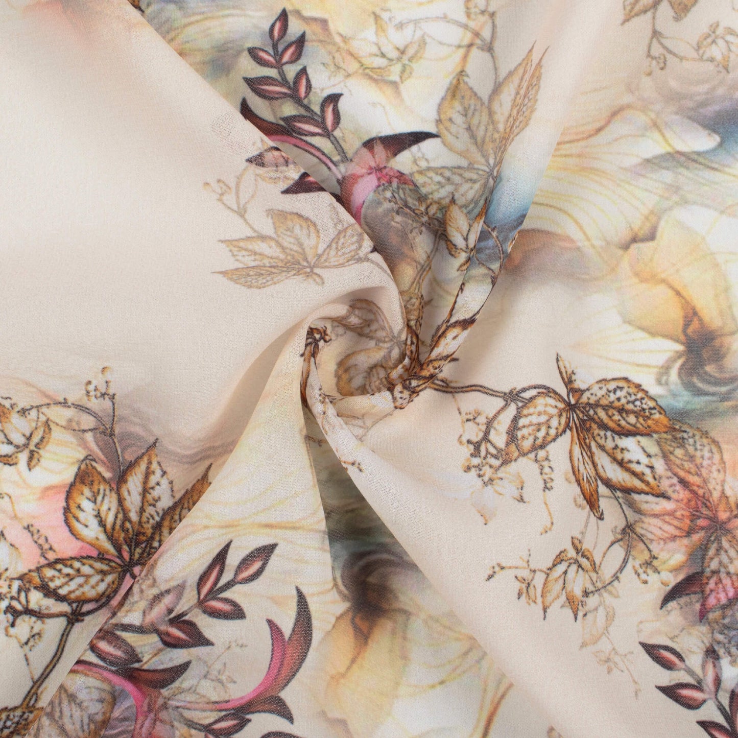 Oat Beige And Brown Floral Pattern Digital Print Georgette Fabric
