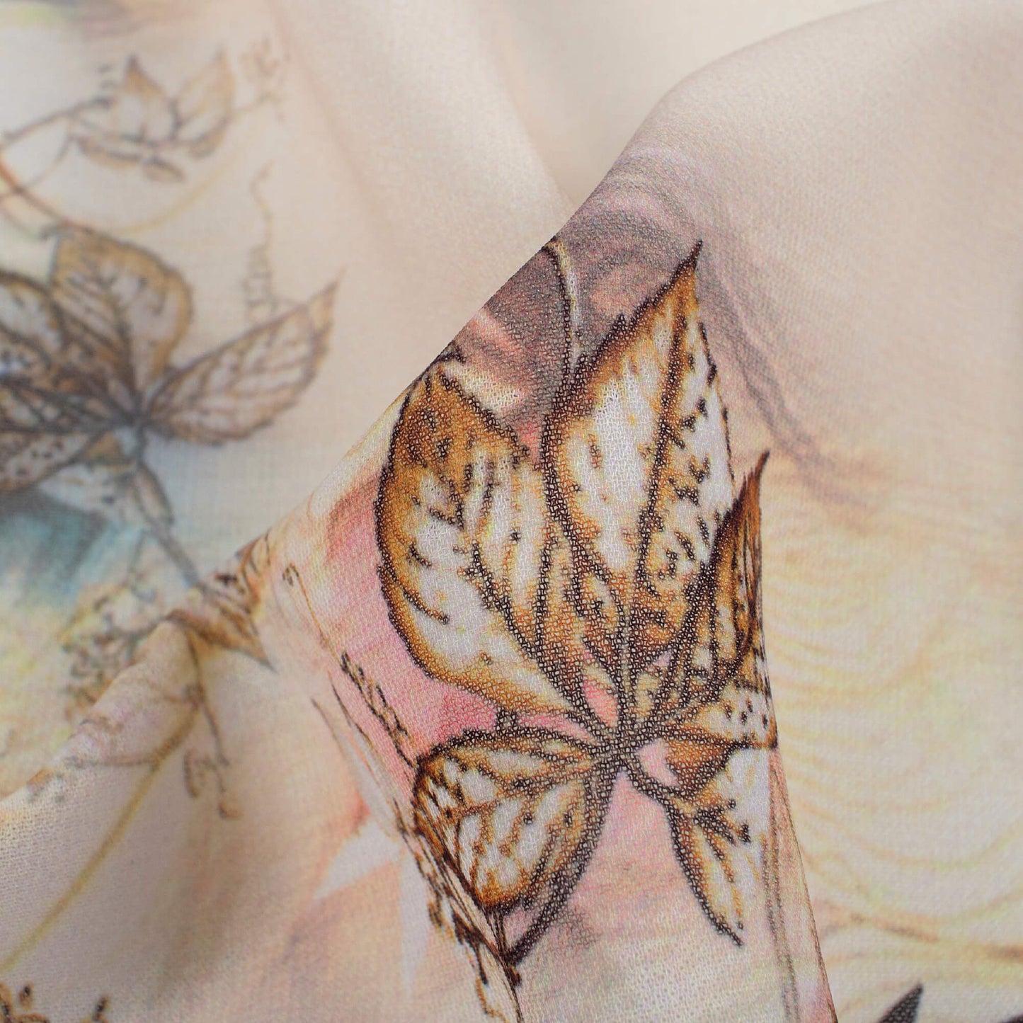 Oat Beige And Brown Floral Pattern Digital Print Georgette Fabric