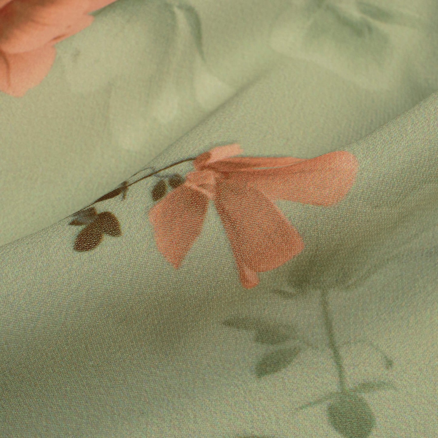 Moss Green And Peach Floral Pattern Digital Print Georgette Fabric