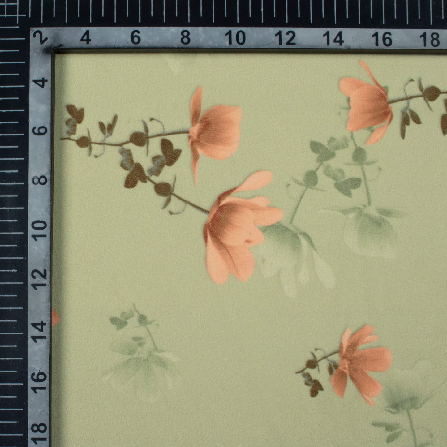 Moss Green And Peach Floral Pattern Digital Print Georgette Fabric