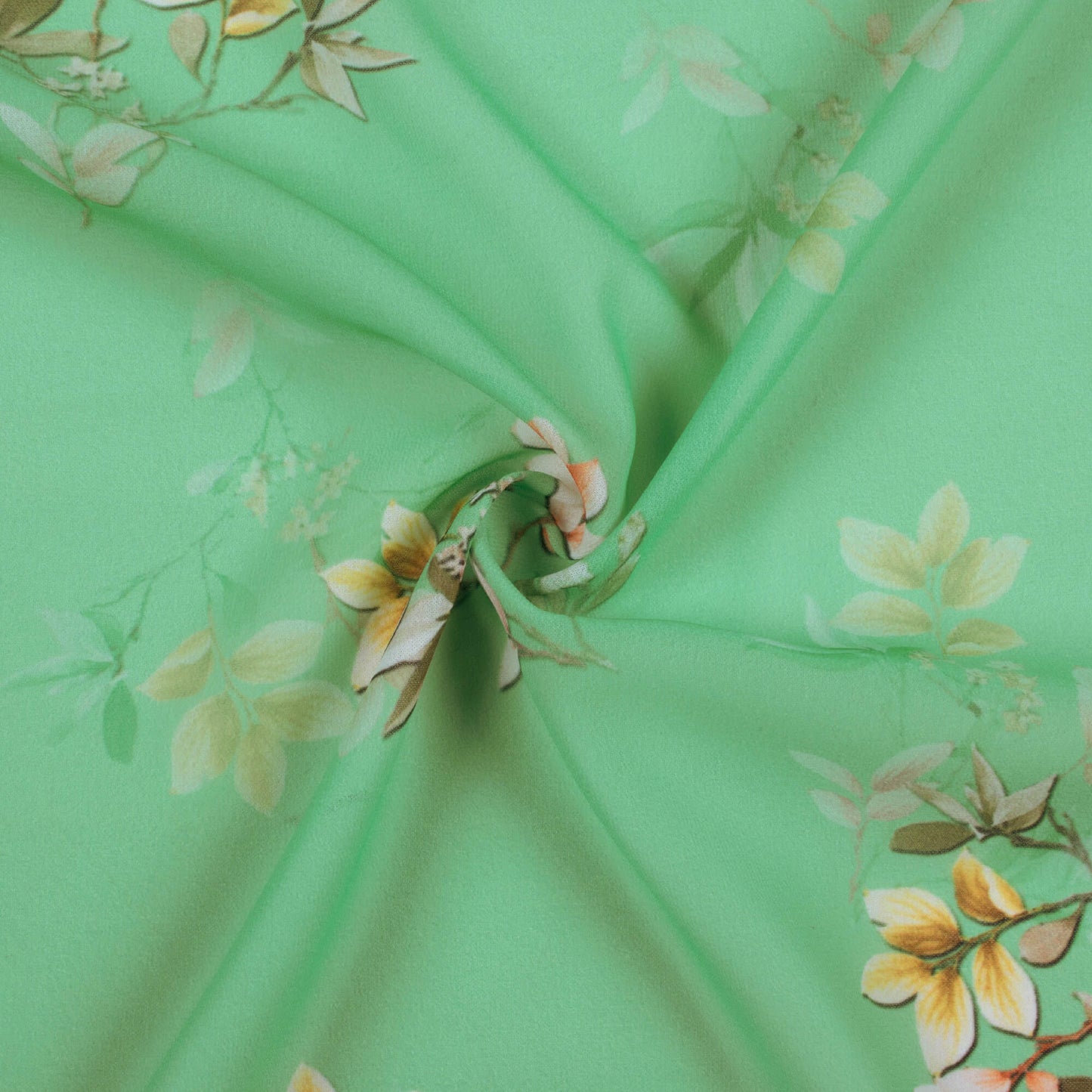 Spring Green And Yellow Floral Pattern Digital Print Georgette Fabric
