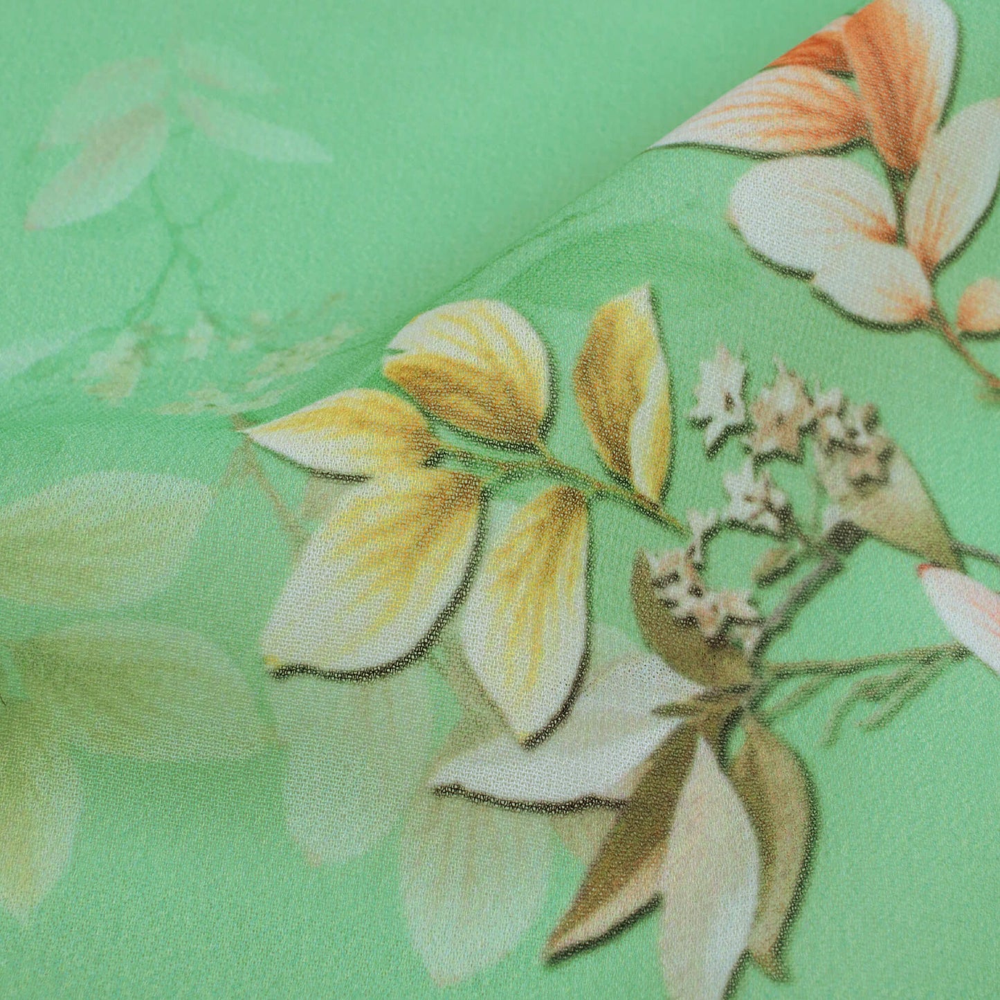 Spring Green And Yellow Floral Pattern Digital Print Georgette Fabric