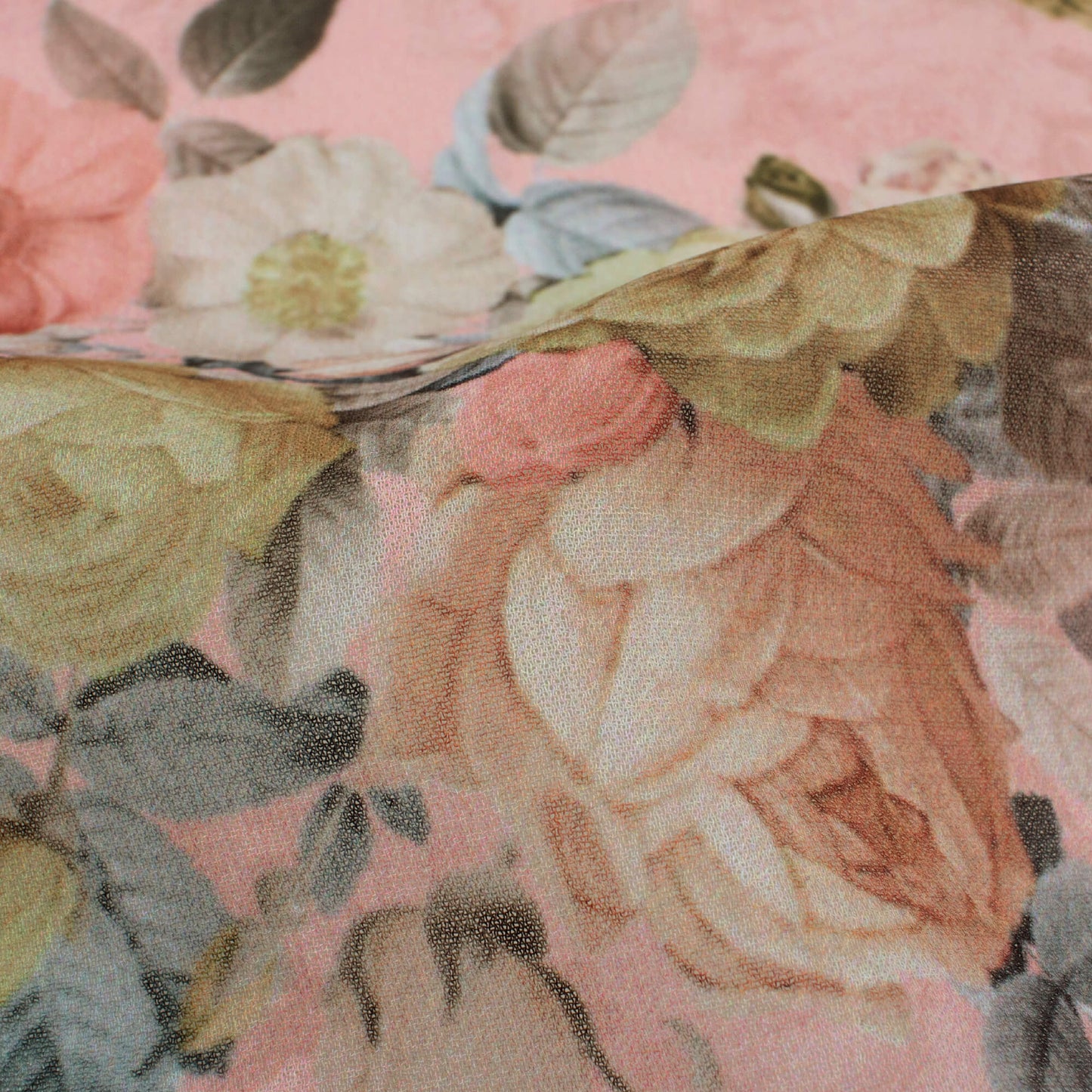 Salmon Pink And Grey Floral Pattern Digital Print Georgette Fabric