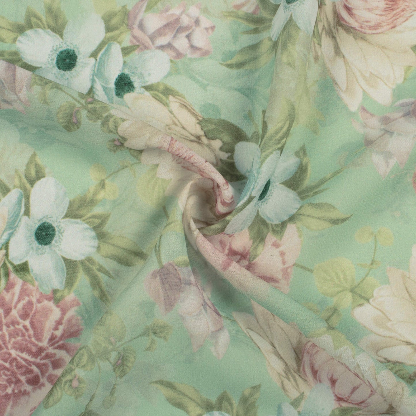 Swamp Green And Pink Floral Pattern Digital Print Georgette Fabric