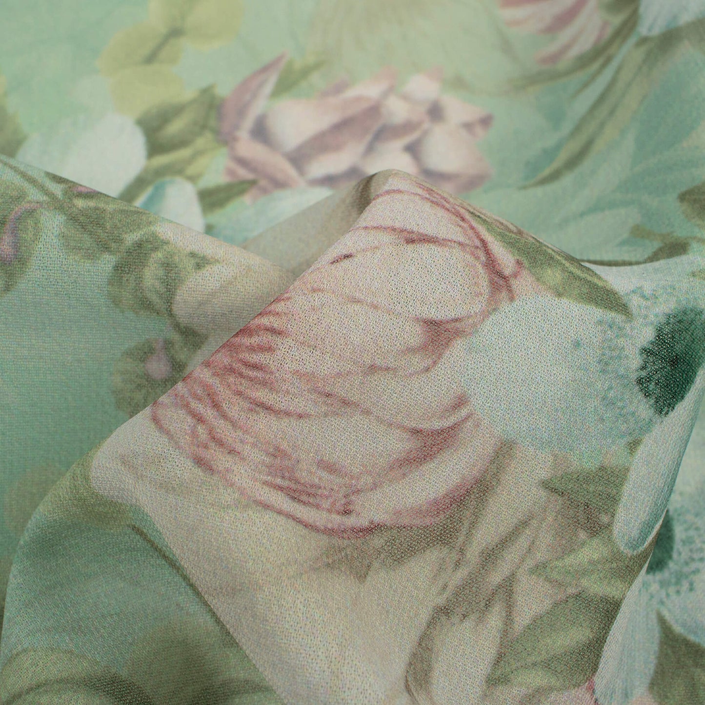 Swamp Green And Pink Floral Pattern Digital Print Georgette Fabric