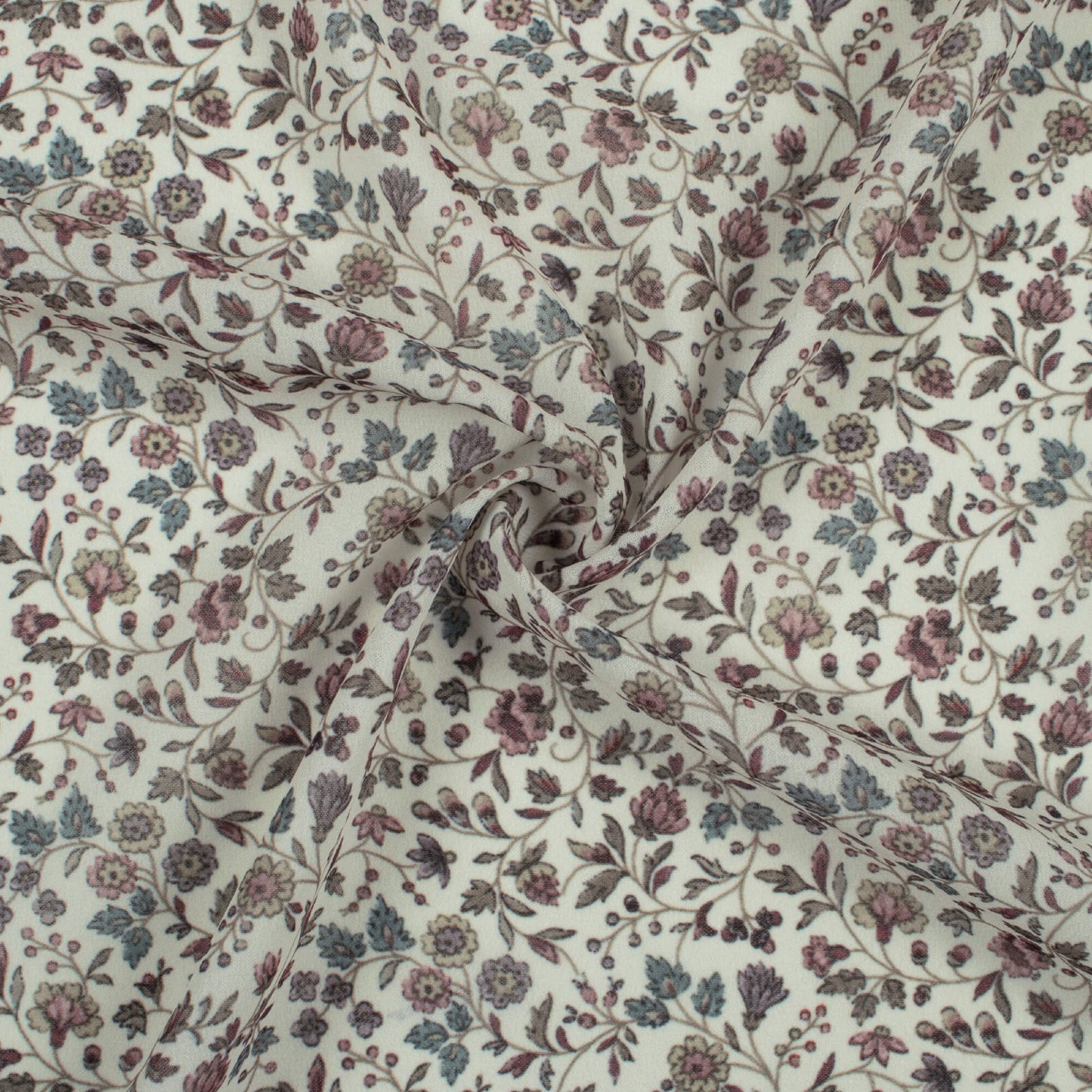 Cream and Fern Green Floral Pattern Digital Print Georgette Fabric