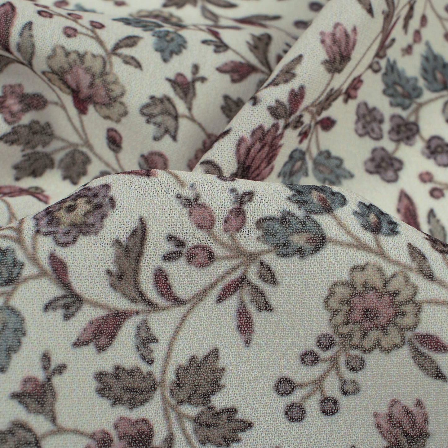 Cream and Fern Green Floral Pattern Digital Print Georgette Fabric