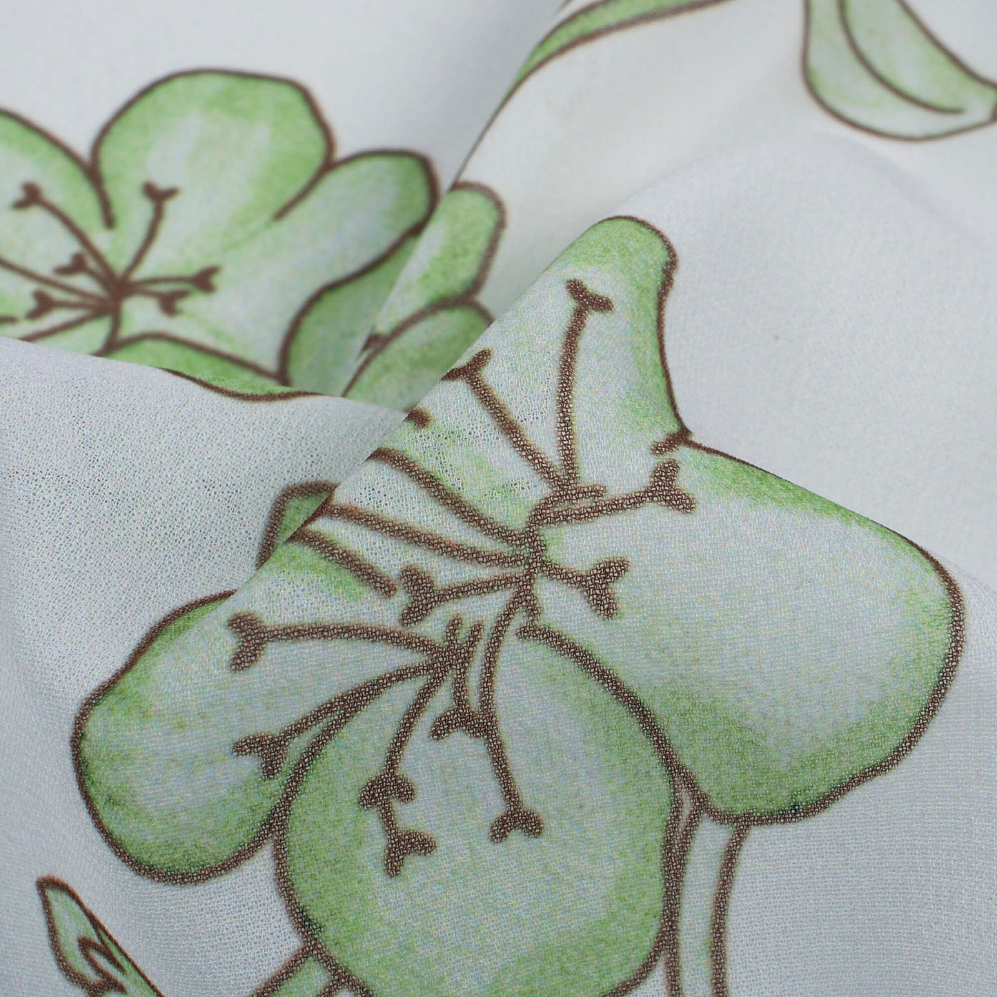 White And Green Floral Pattern Digital Print Georgette Fabric