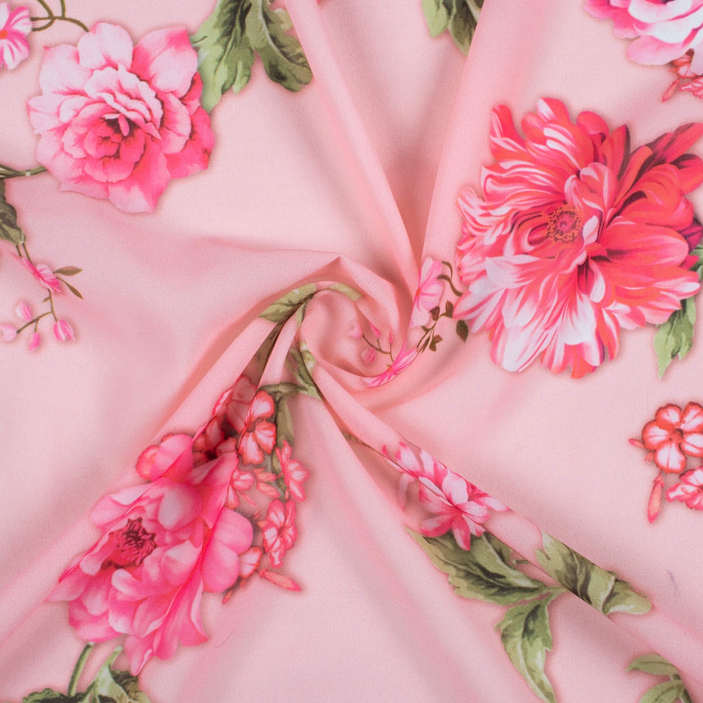 Pink And Green Floral Pattern Digital Print Georgette Fabric