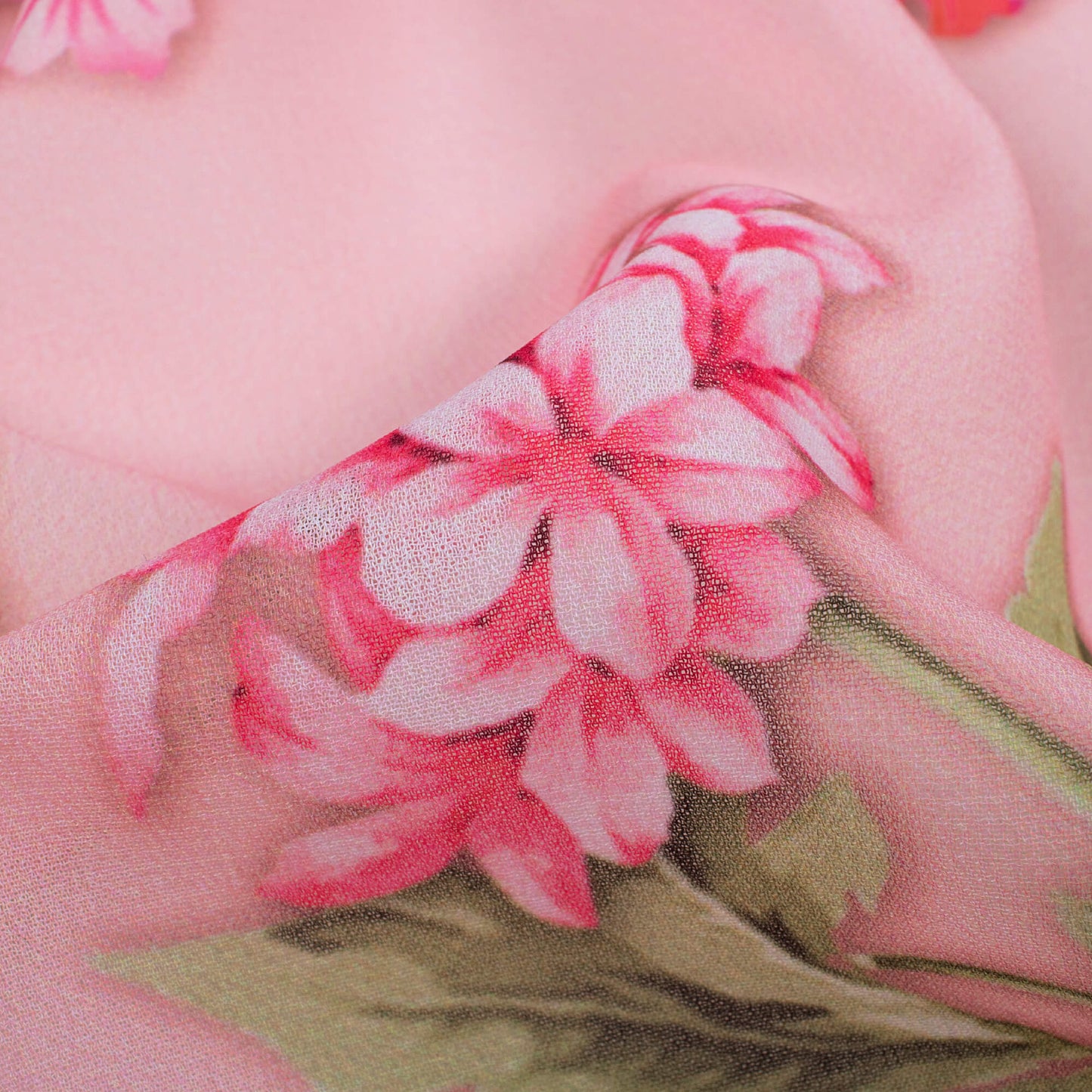 Pink And Green Floral Pattern Digital Print Georgette Fabric