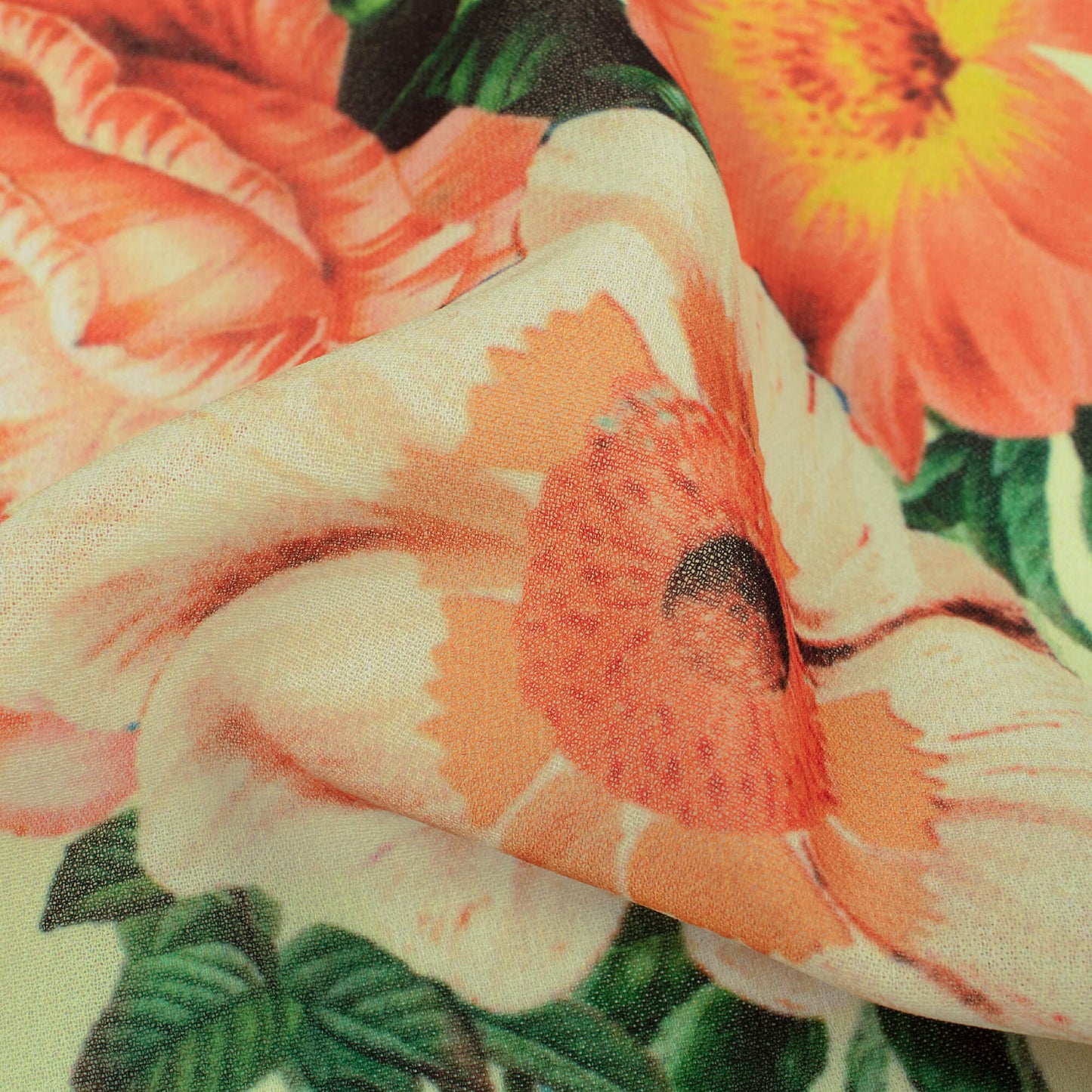 Pastel Yellow And Orange Floral Pattern Digital Print Georgette Fabric