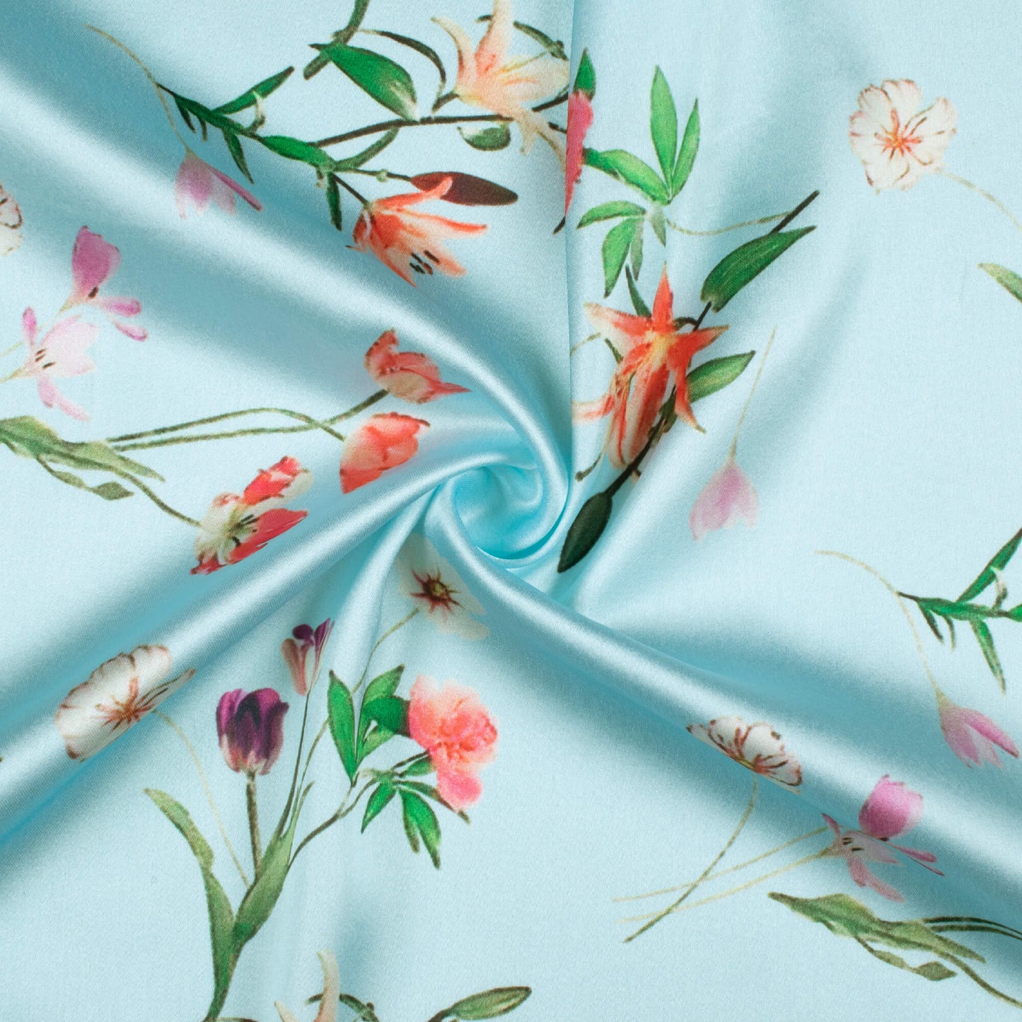 Baby Blue And Red Floral Pattern Digital Print Japan Satin Fabric