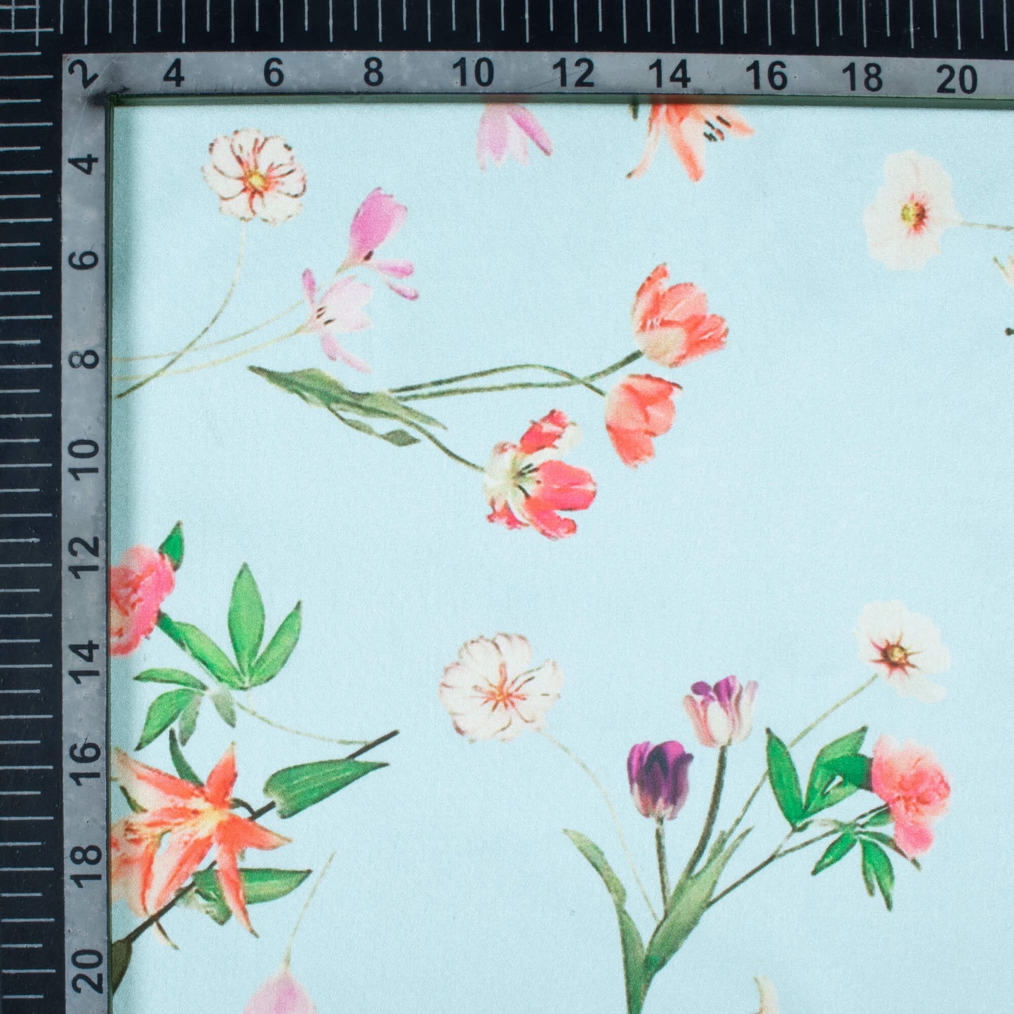 Baby Blue And Red Floral Pattern Digital Print Japan Satin Fabric