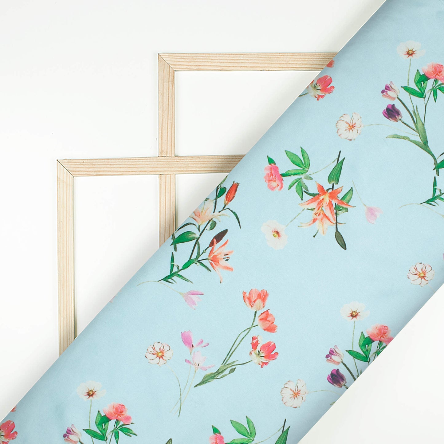 Baby Blue And Red Floral Pattern Digital Print Japan Satin Fabric