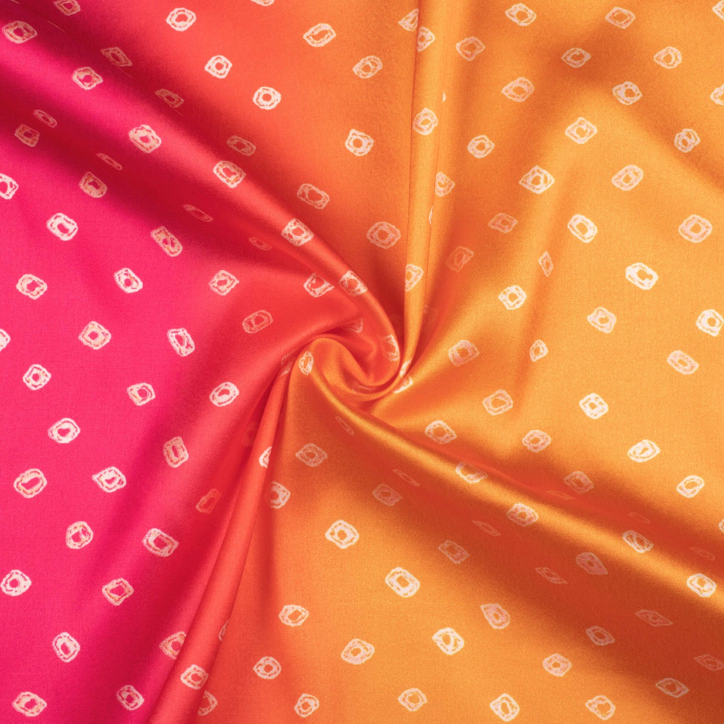 Apricot Orange And Magenta Pink Bandhanii Pattern Digital Print Japan Satin Fabric