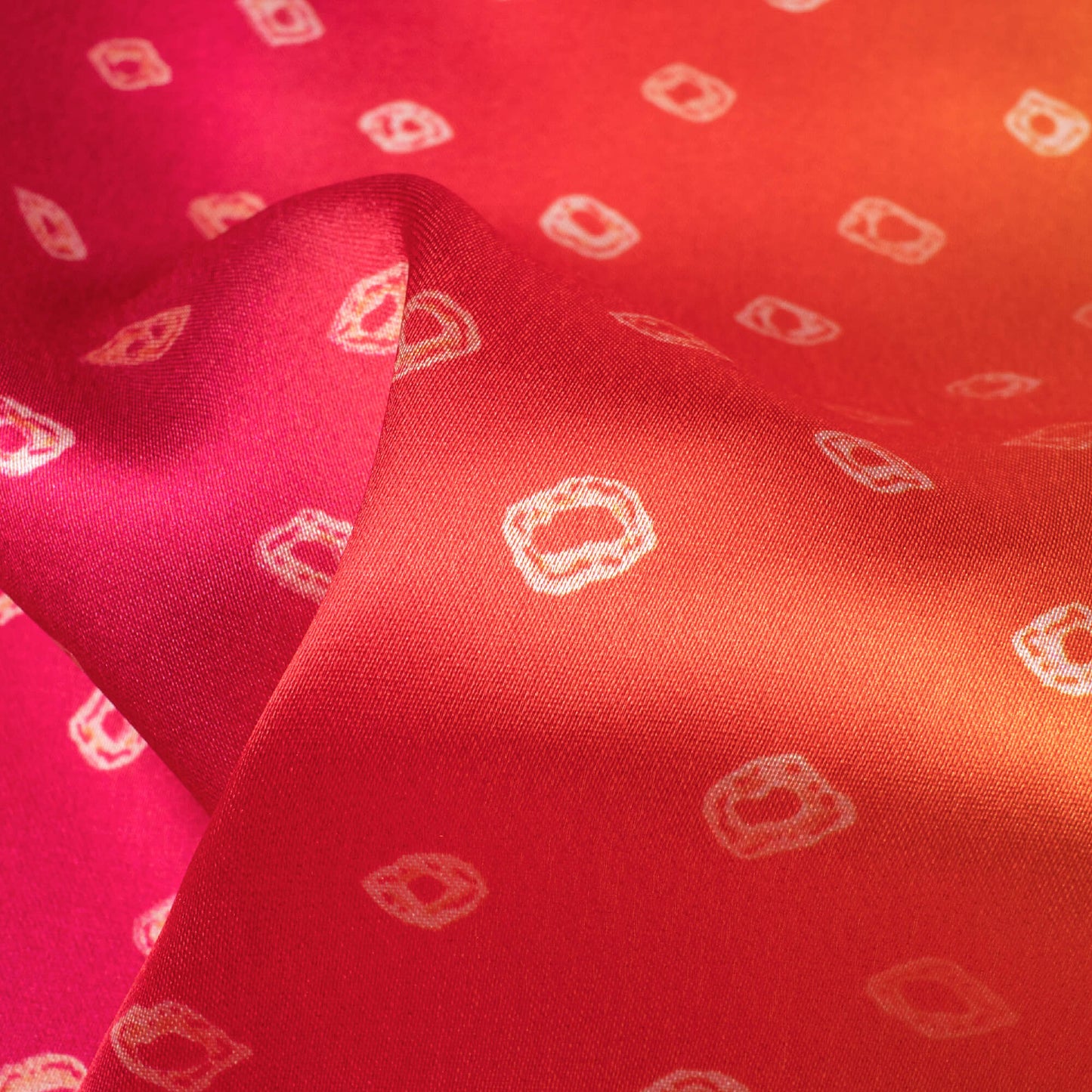 Apricot Orange And Magenta Pink Bandhanii Pattern Digital Print Japan Satin Fabric