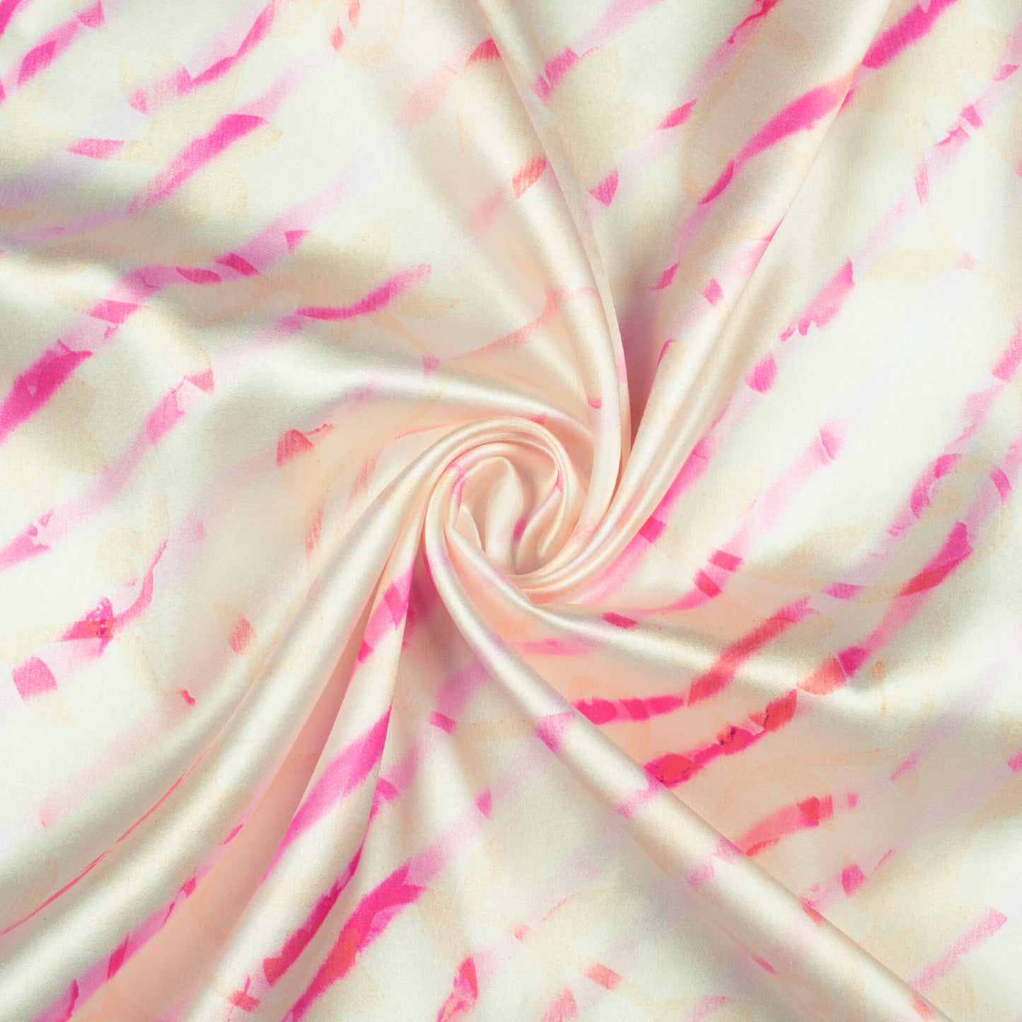 Daisy White And Hot Pink Leheriya Pattern Digital Print Japan Satin Fabric