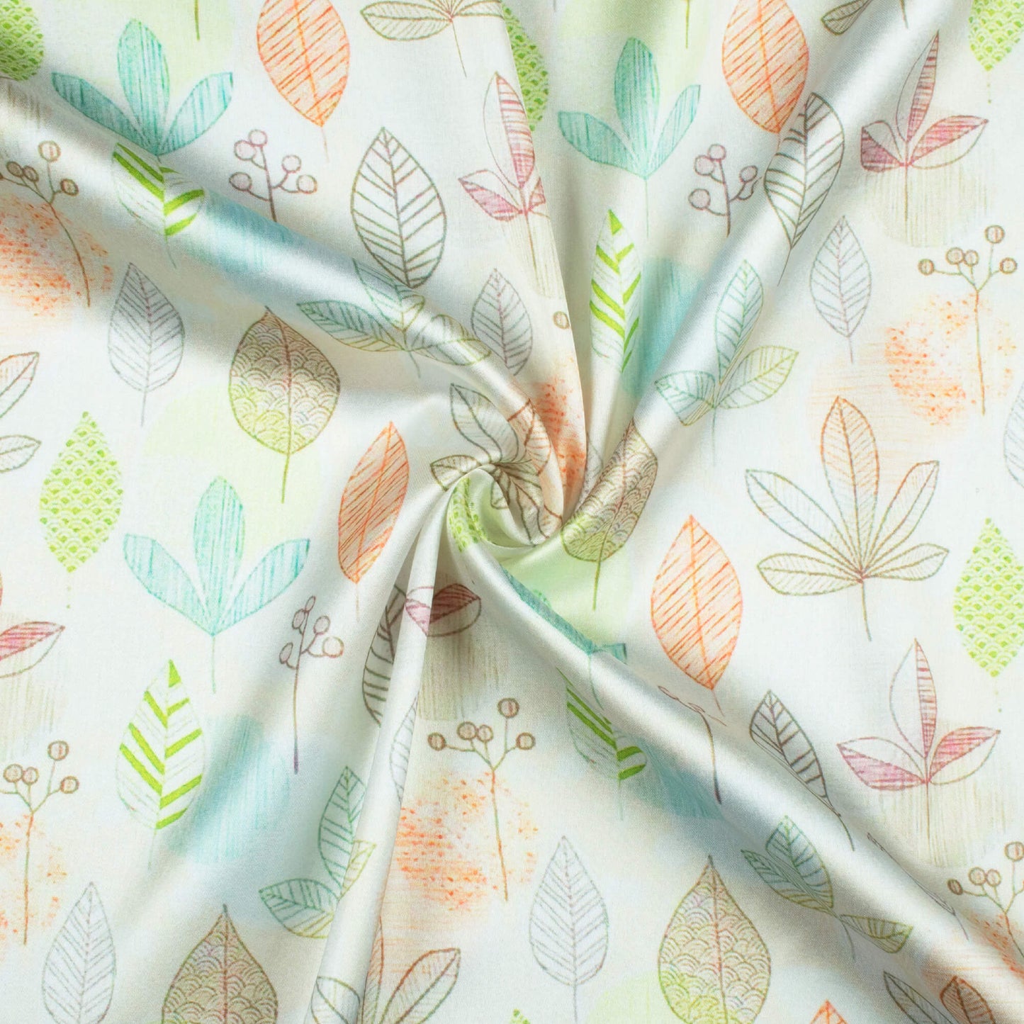Off White And Green Leaf Pattern Digital Print Japan Satin Fabric