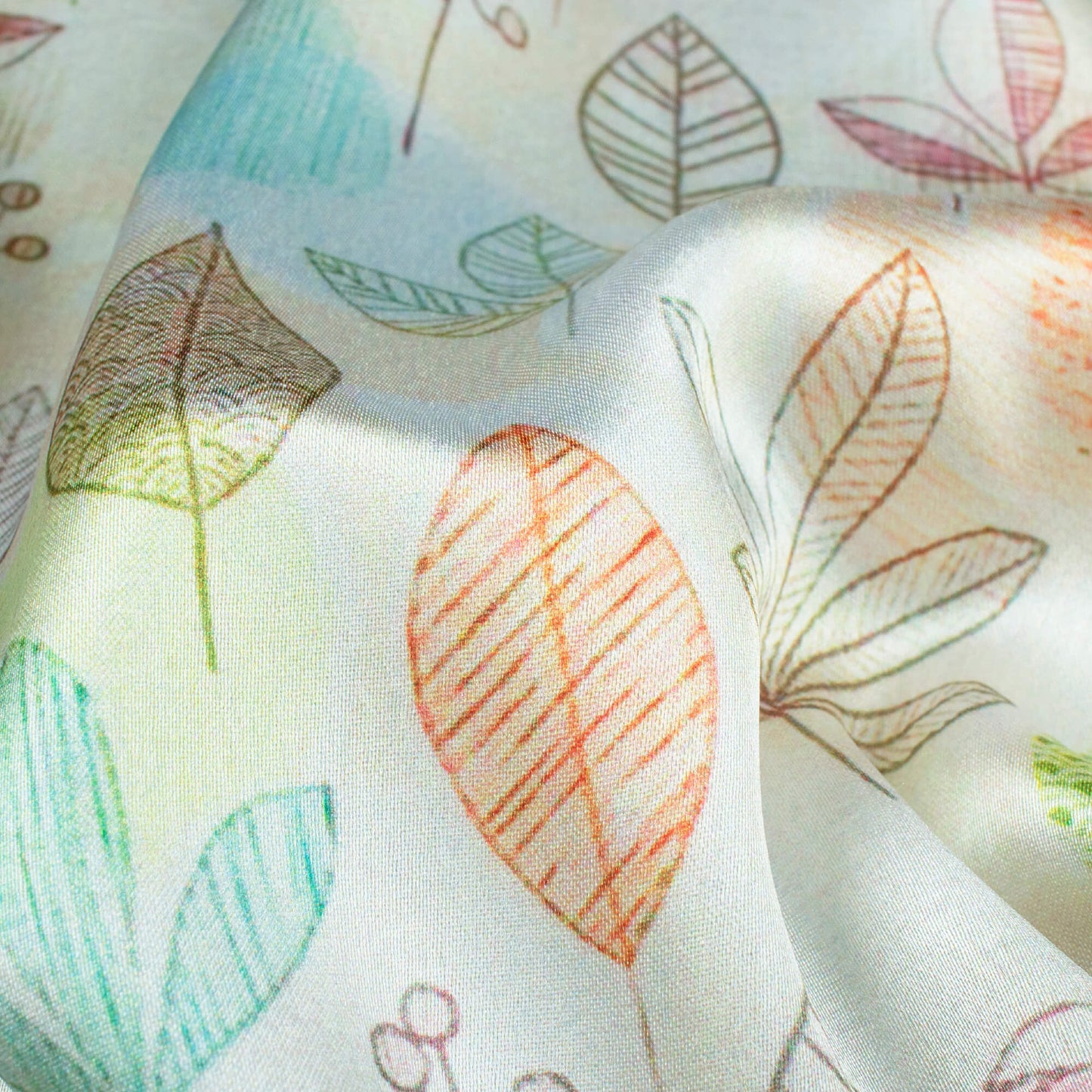 Off White And Green Leaf Pattern Digital Print Japan Satin Fabric