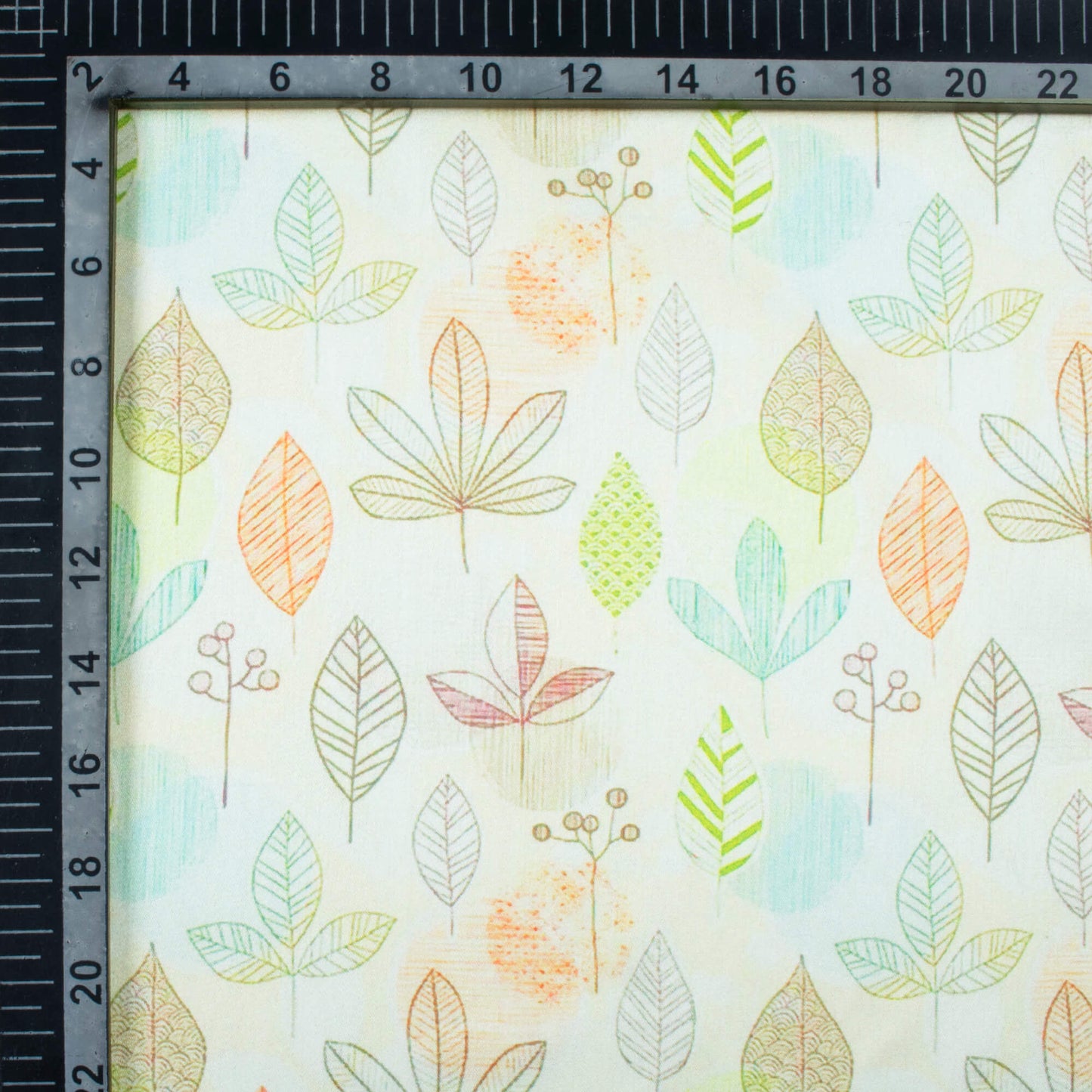 Off White And Green Leaf Pattern Digital Print Japan Satin Fabric