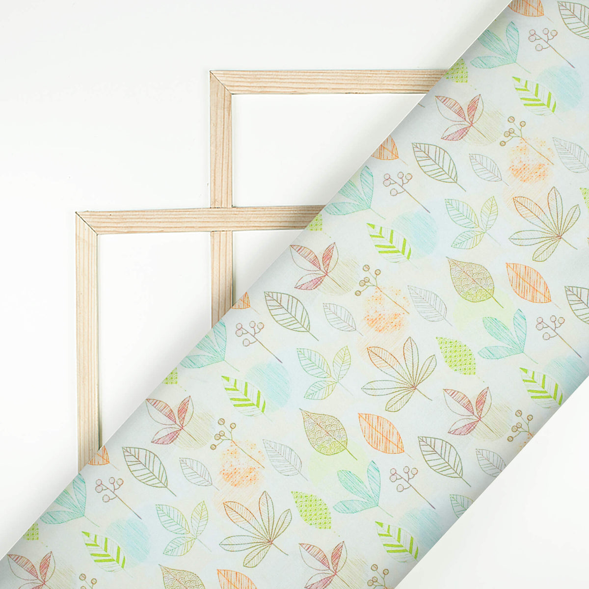 Off White And Green Leaf Pattern Digital Print Japan Satin Fabric