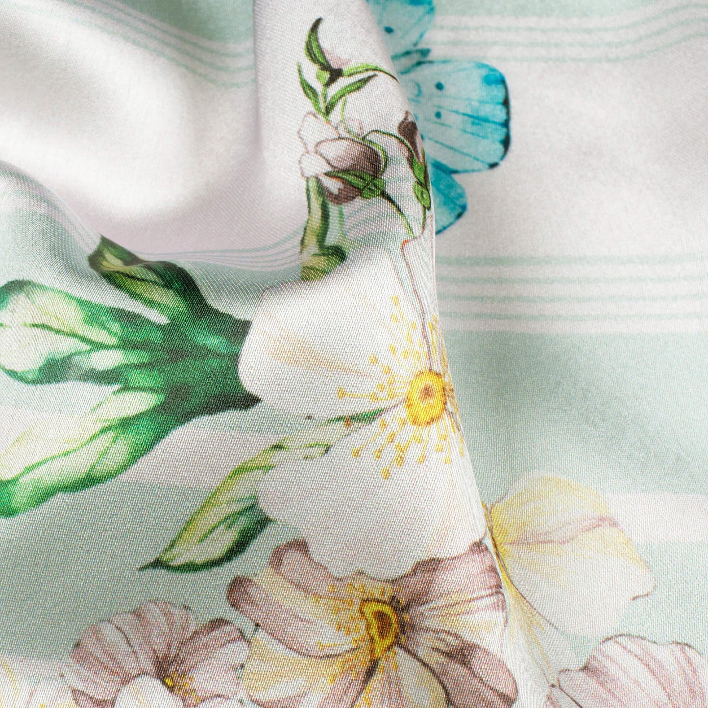 White And Pastel Green Floral Pattern Digital Print Japan Satin Fabric