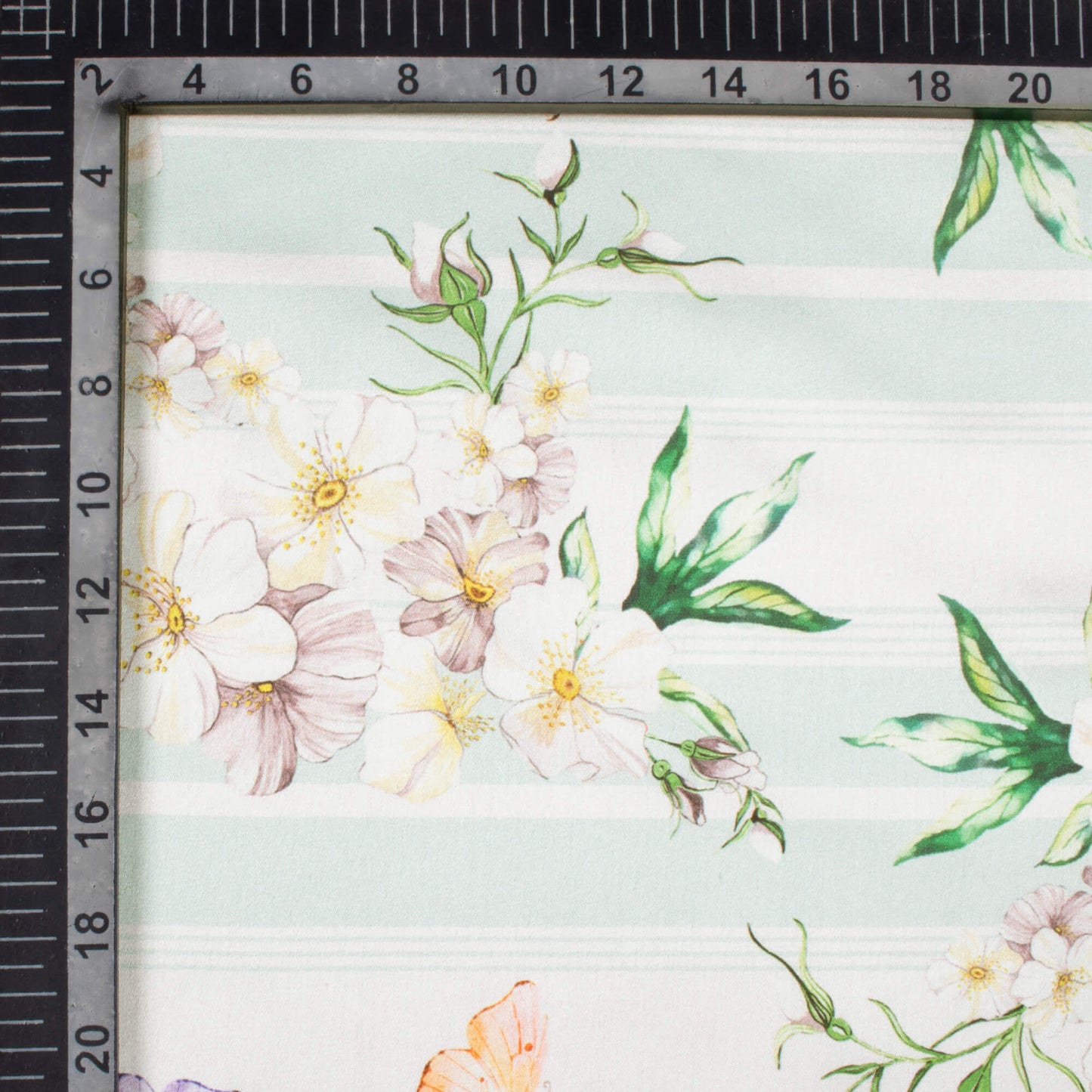 White And Pastel Green Floral Pattern Digital Print Japan Satin Fabric